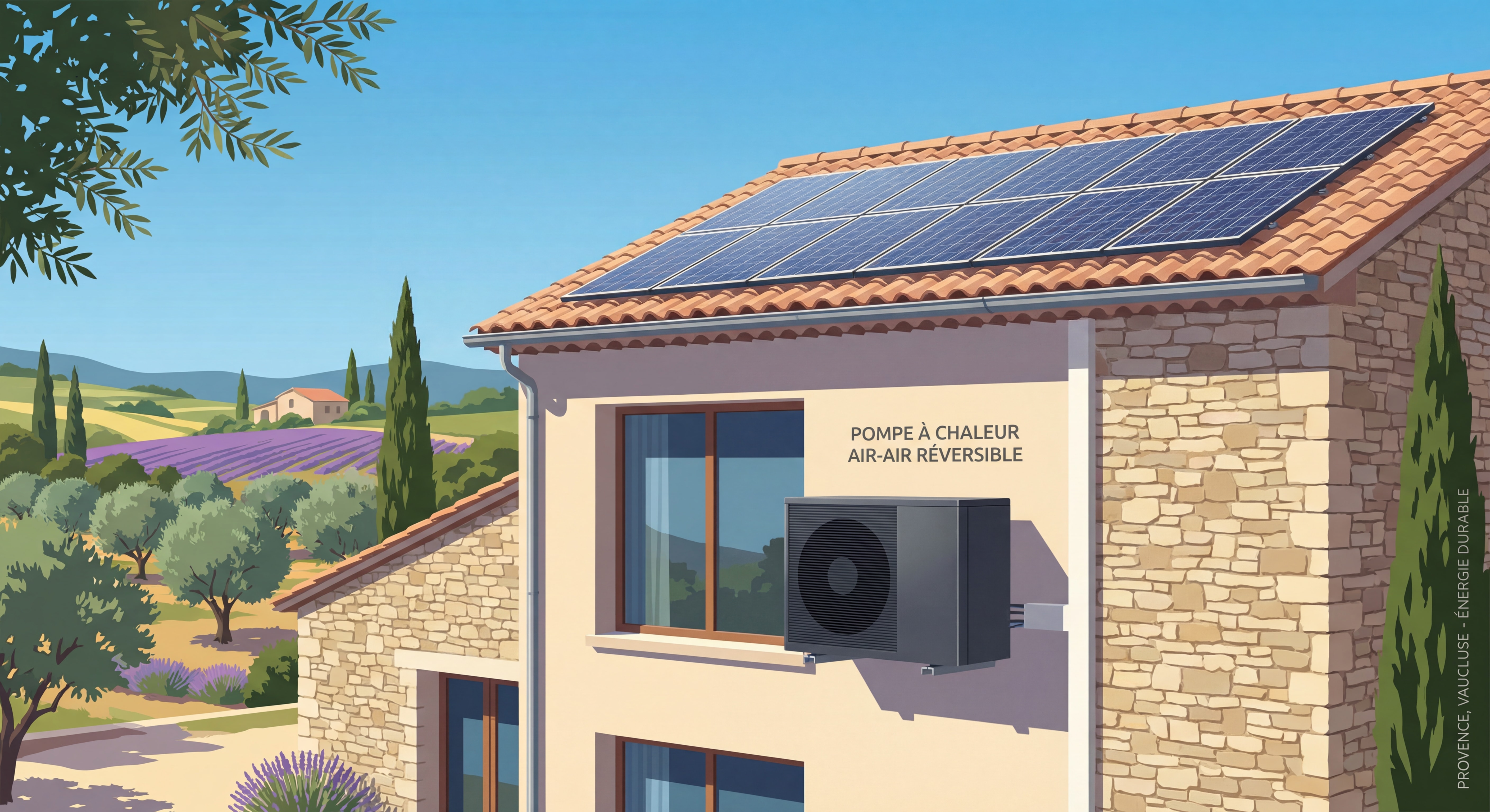 Pompe à chaleur air air réversible installée sur une maison en Provence avec panneaux solaires, ciel bleu, Vaucluse