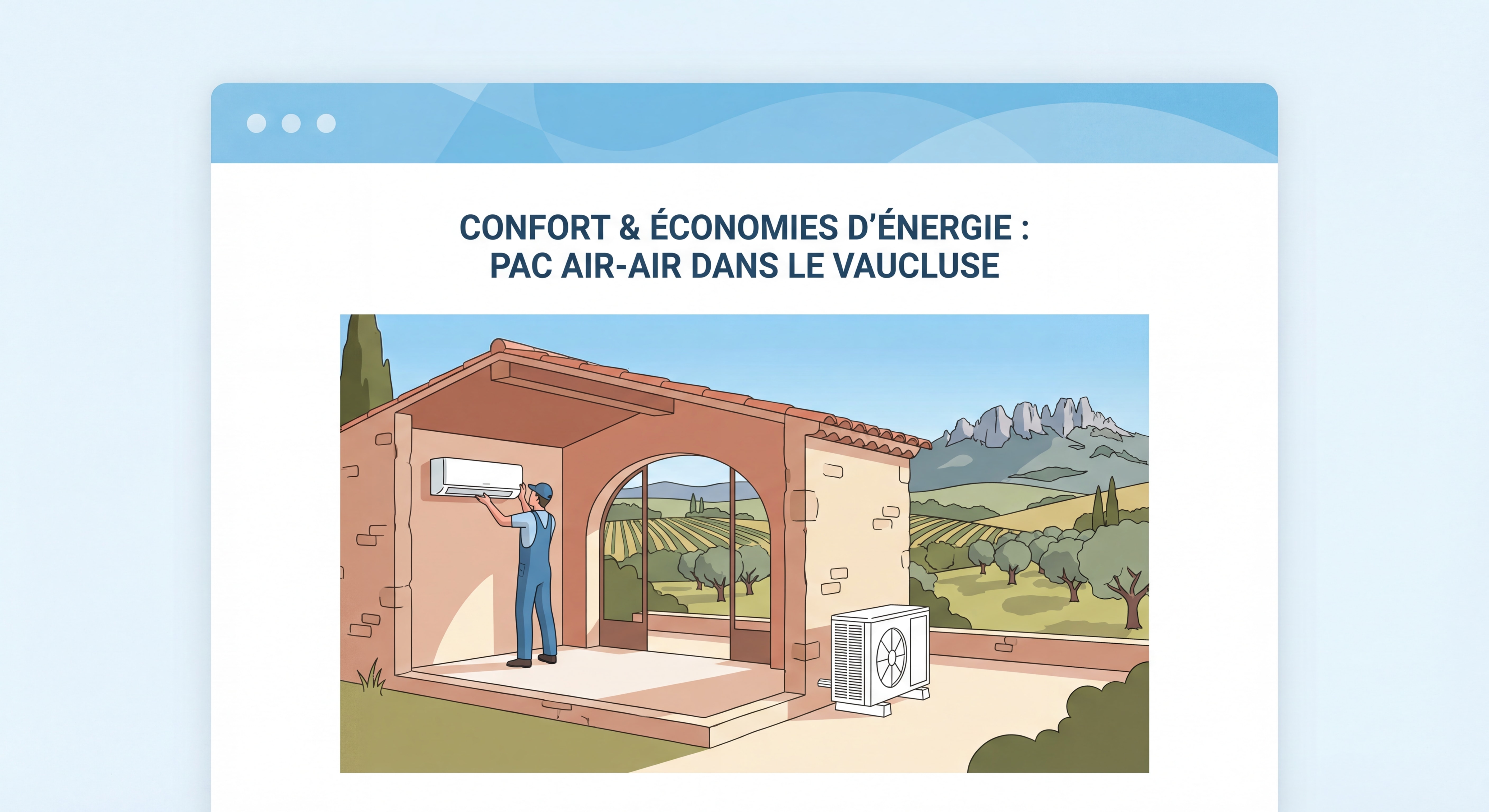 Installation climatisation réversible PAC air air dans une maison provençale du Vaucluse avec vue sur les Dentelles de Montmirail