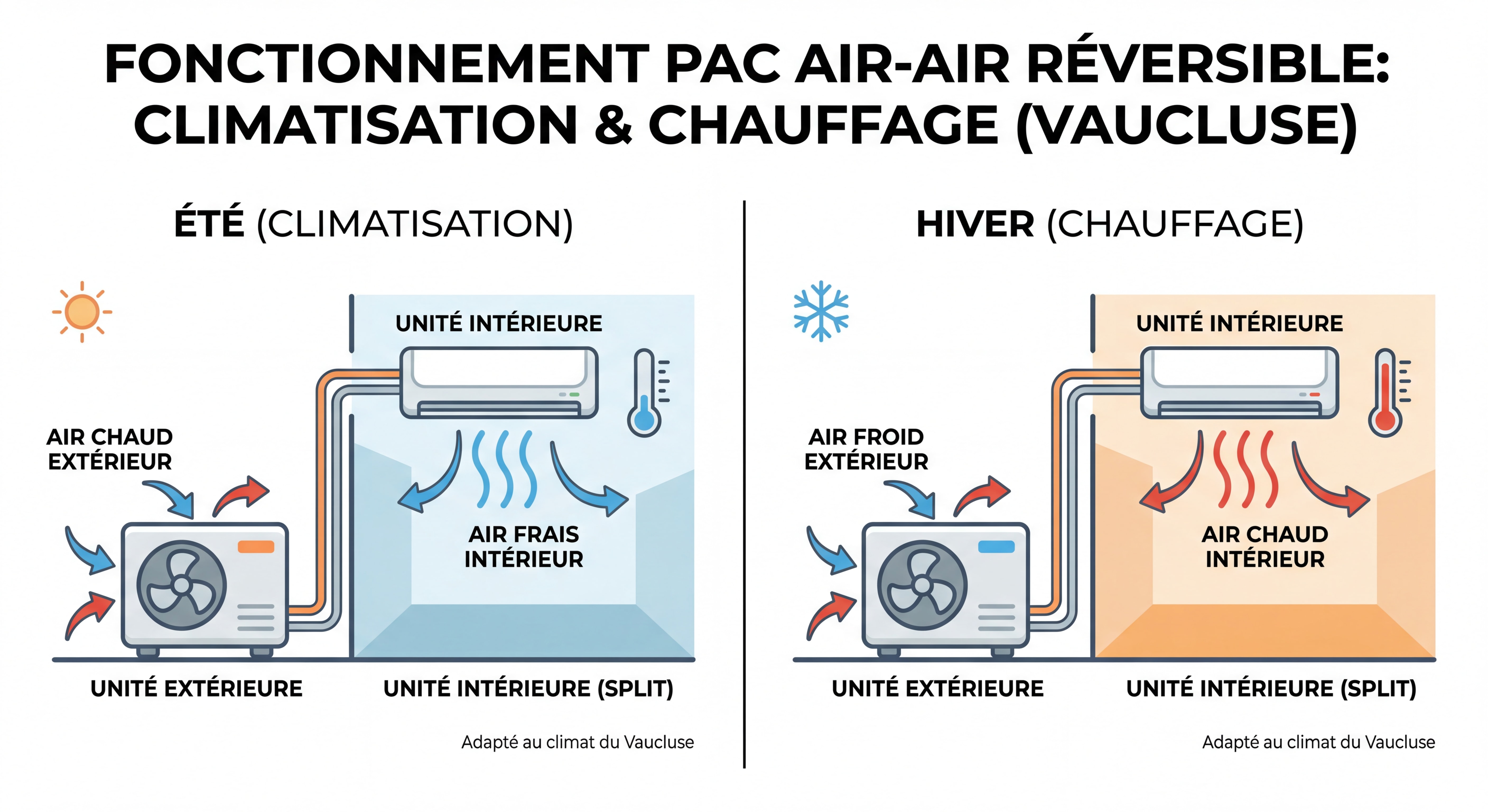 Schéma fonctionnement PAC air air réversible climatisation chauffage été hiver Vaucluse