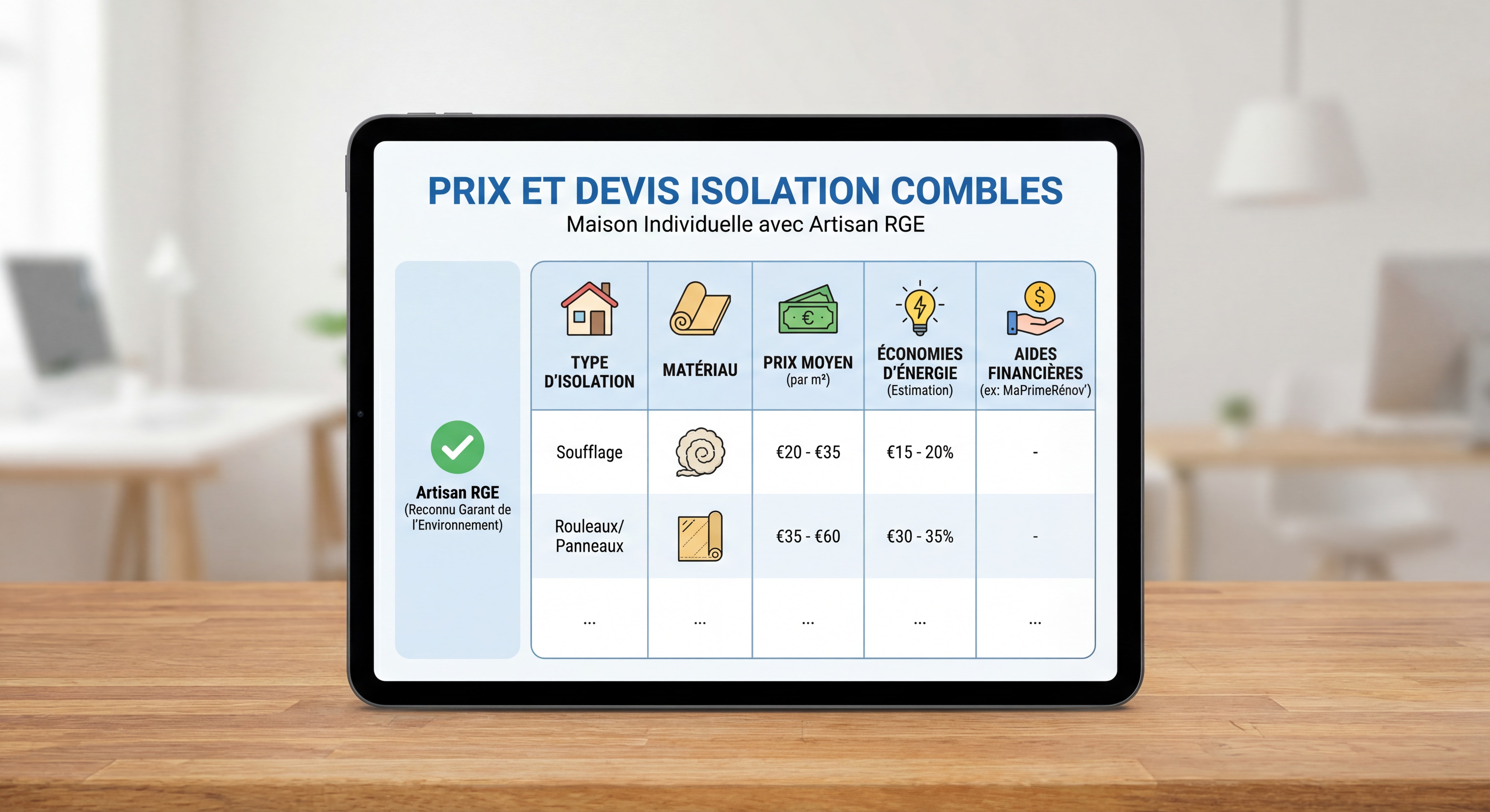 Tableau de prix et devis isolation combles maison individuelle avec artisan RGE