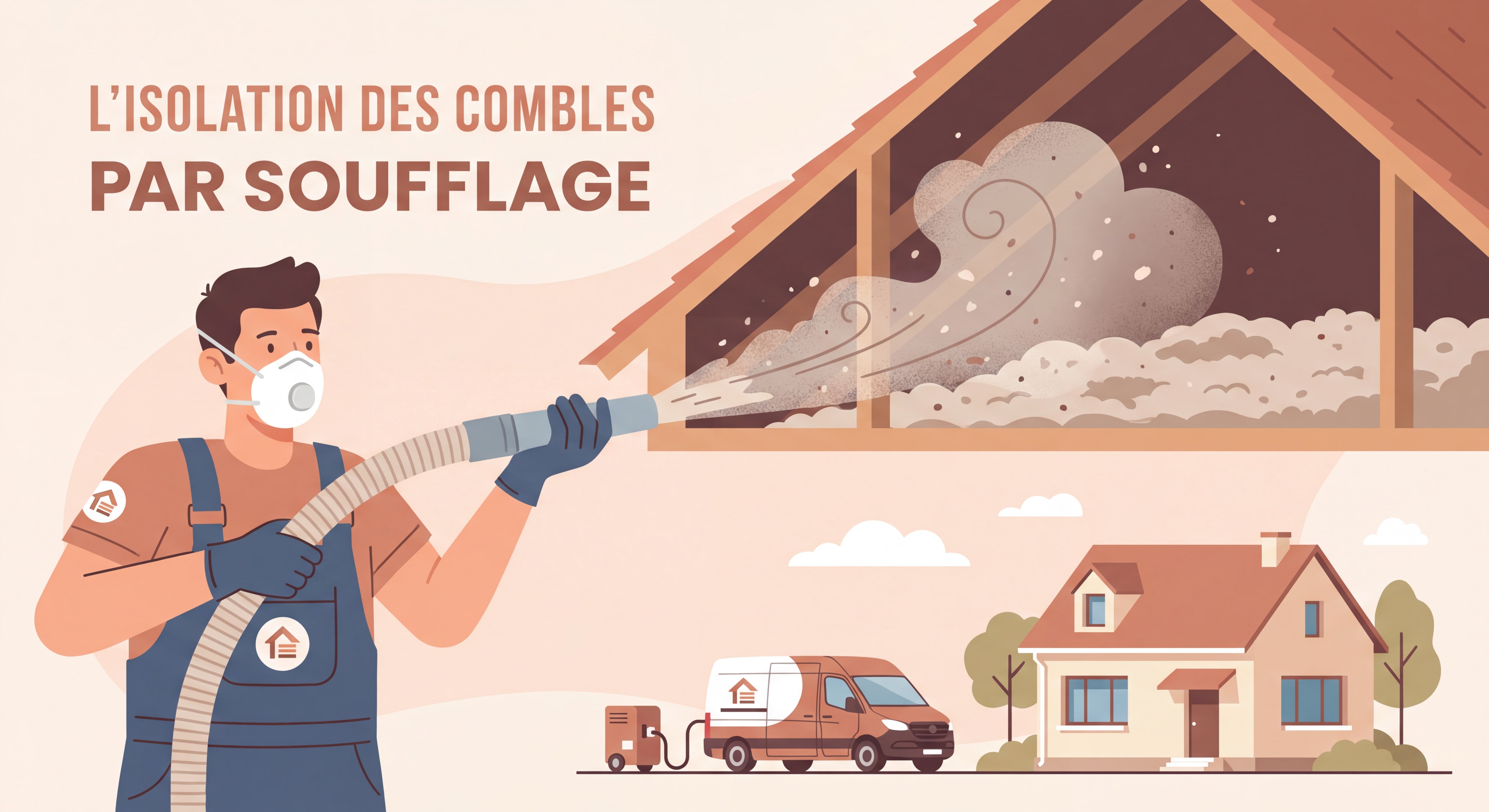 Artisan professionnel réalisant l'isolation des combles perdus par soufflage dans une maison individuelle