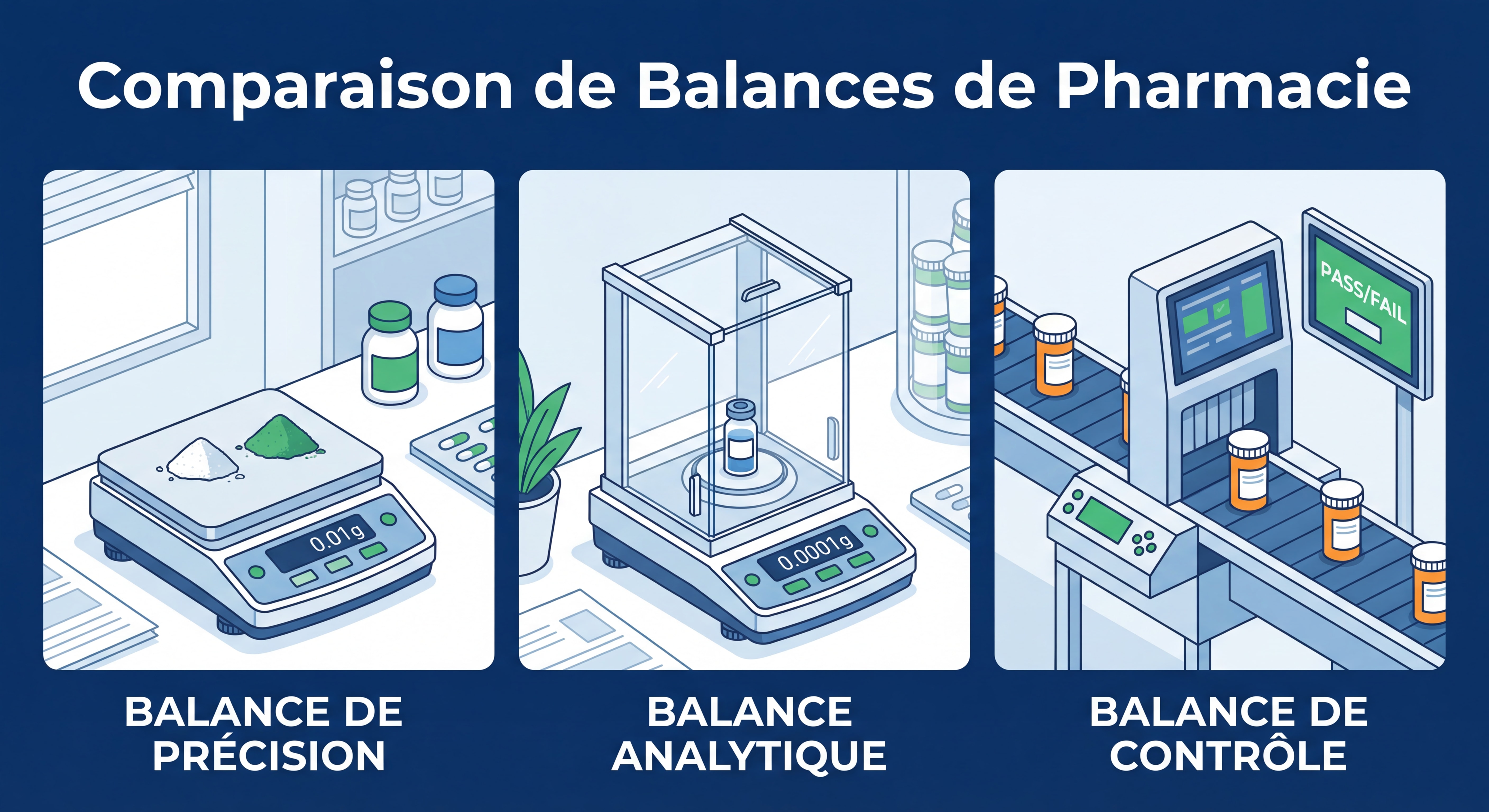 Comparaison de différents types de balances de pharmacie : balance de précision, balance analytique avec pare-brise, balance de contrôle en environnement officine