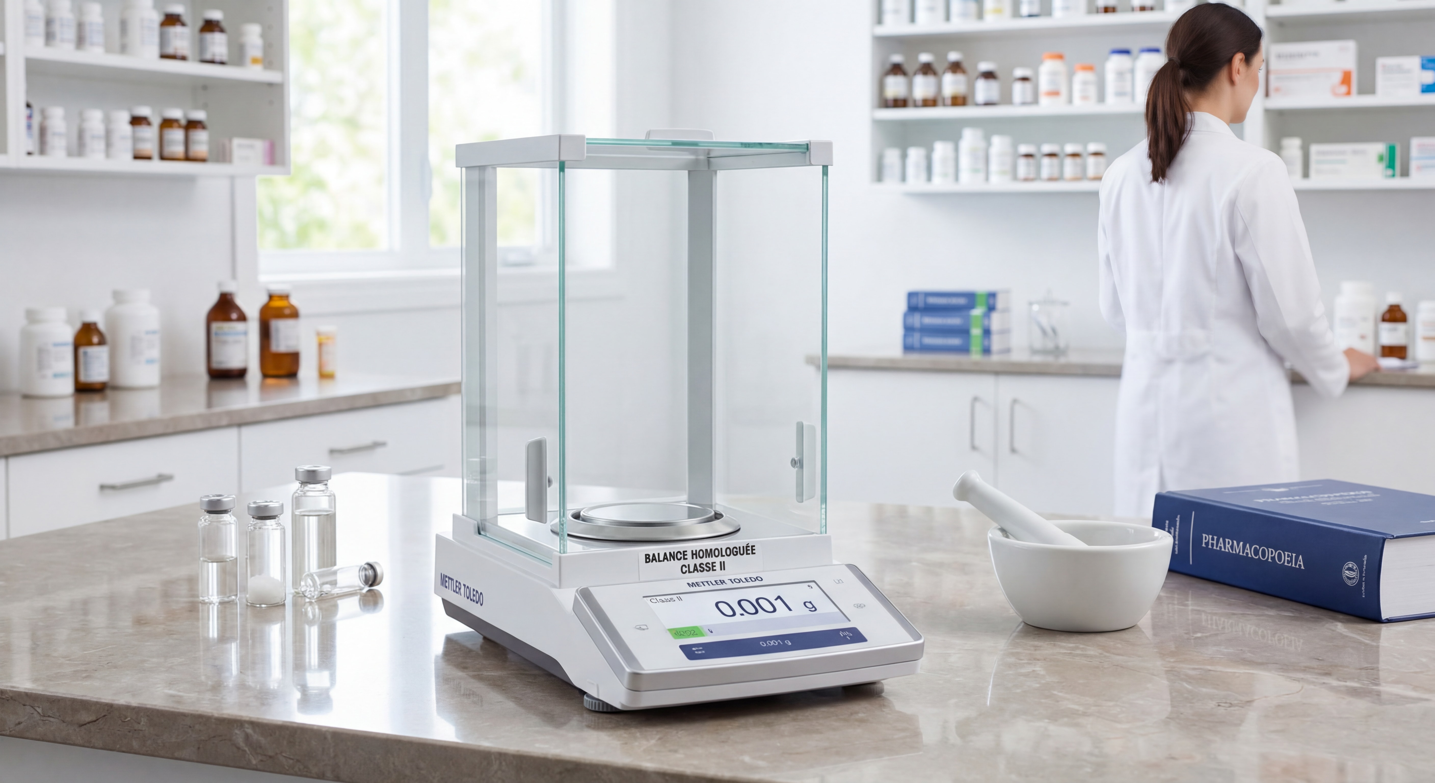 Balance de pharmacie homologuée classe II sur plan de travail d'officine, précision 0.001g, environnement pharmaceutique professionnel