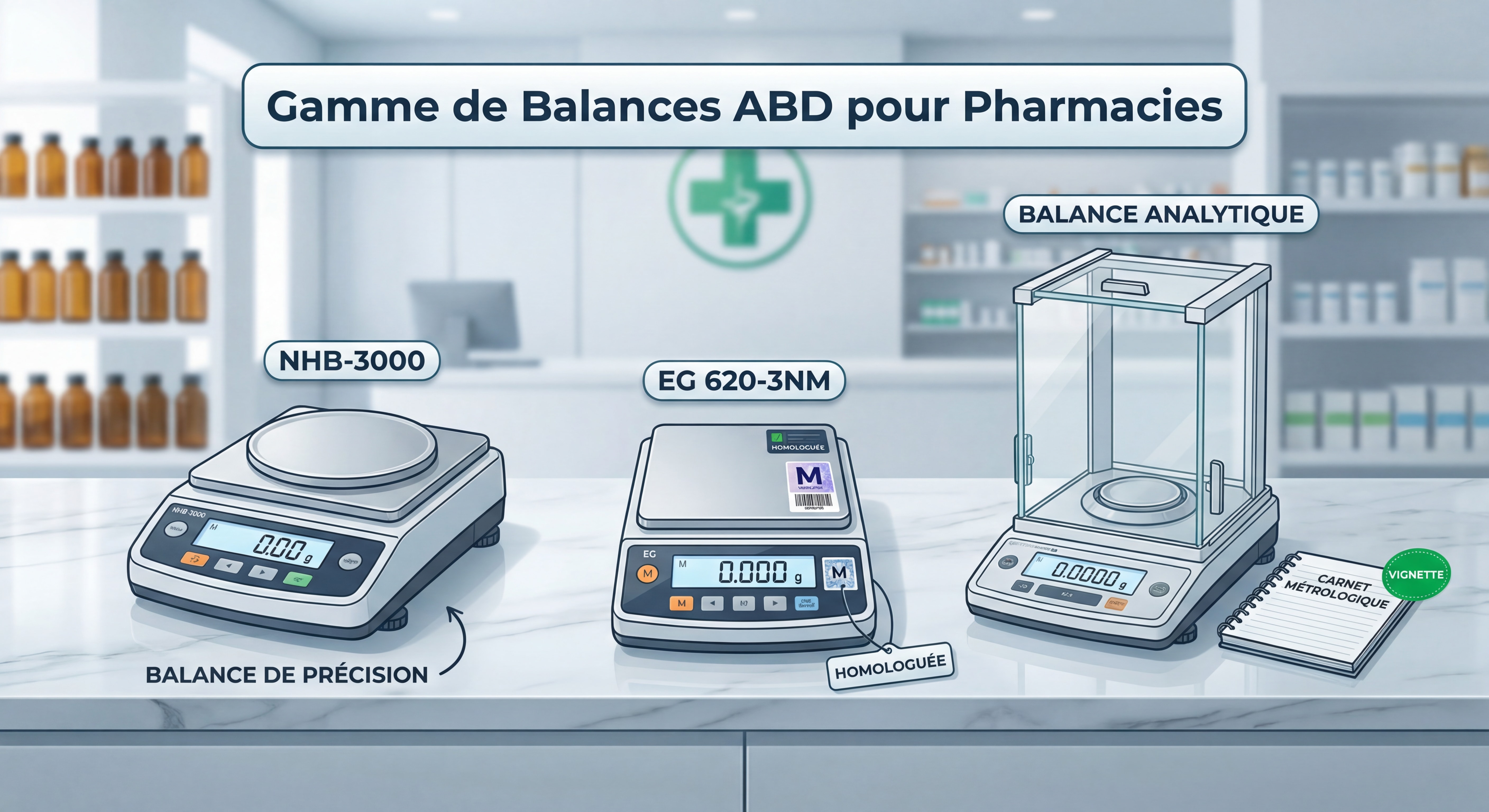 Gamme de balances ABD Balance pour pharmacies : balance homologuée EG 620-3NM, balance de précision NHB-3000, balance analytique avec carnet métrologique et vignette