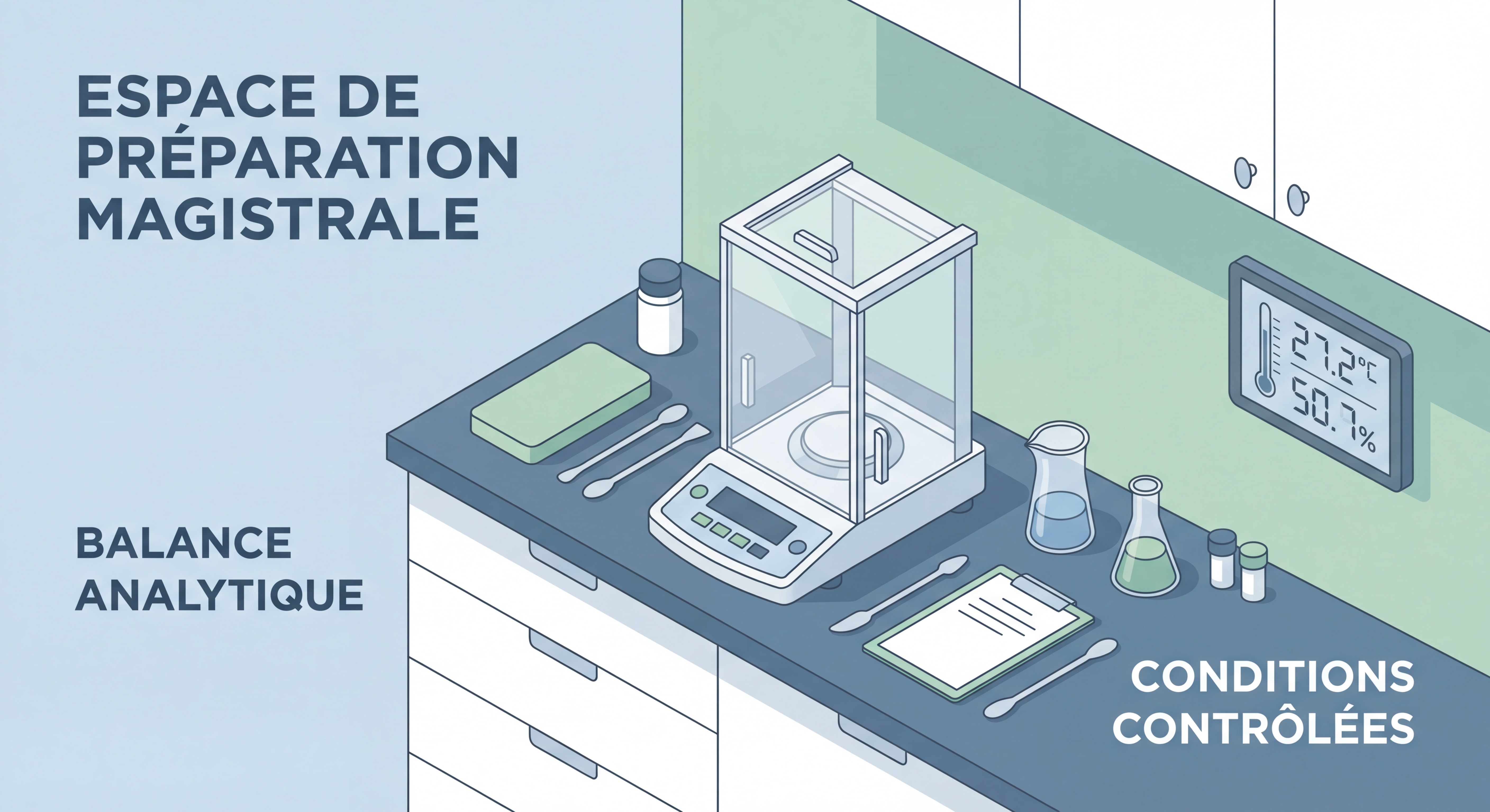 Espace de préparation magistrale en officine avec balance analytique sous pare-brise, plan de travail dédié et conditions environnementales contrôlées