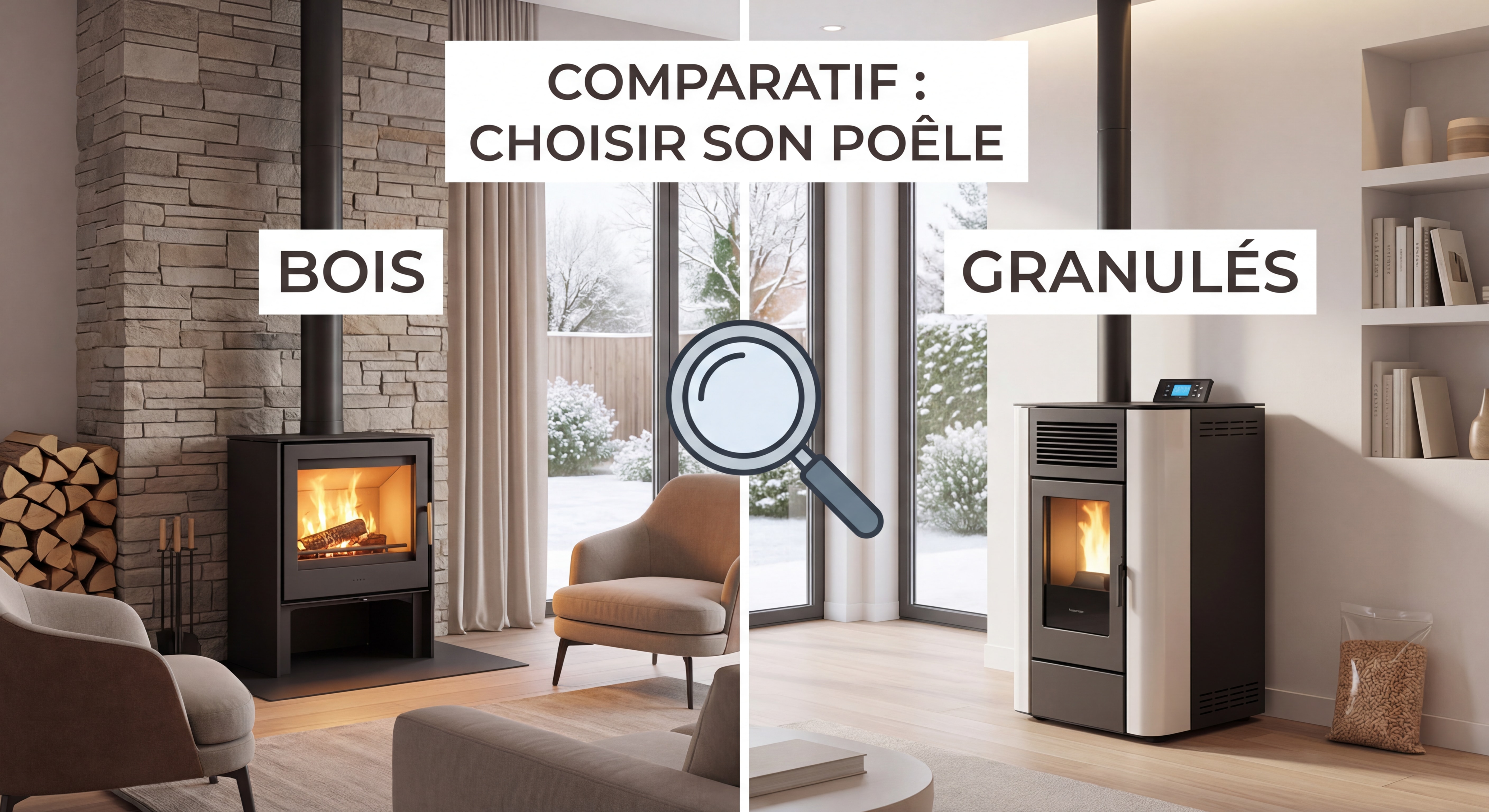 Comparatif poêle à bois et poêle à granulés installés dans un salon chaleureux, intérieur moderne