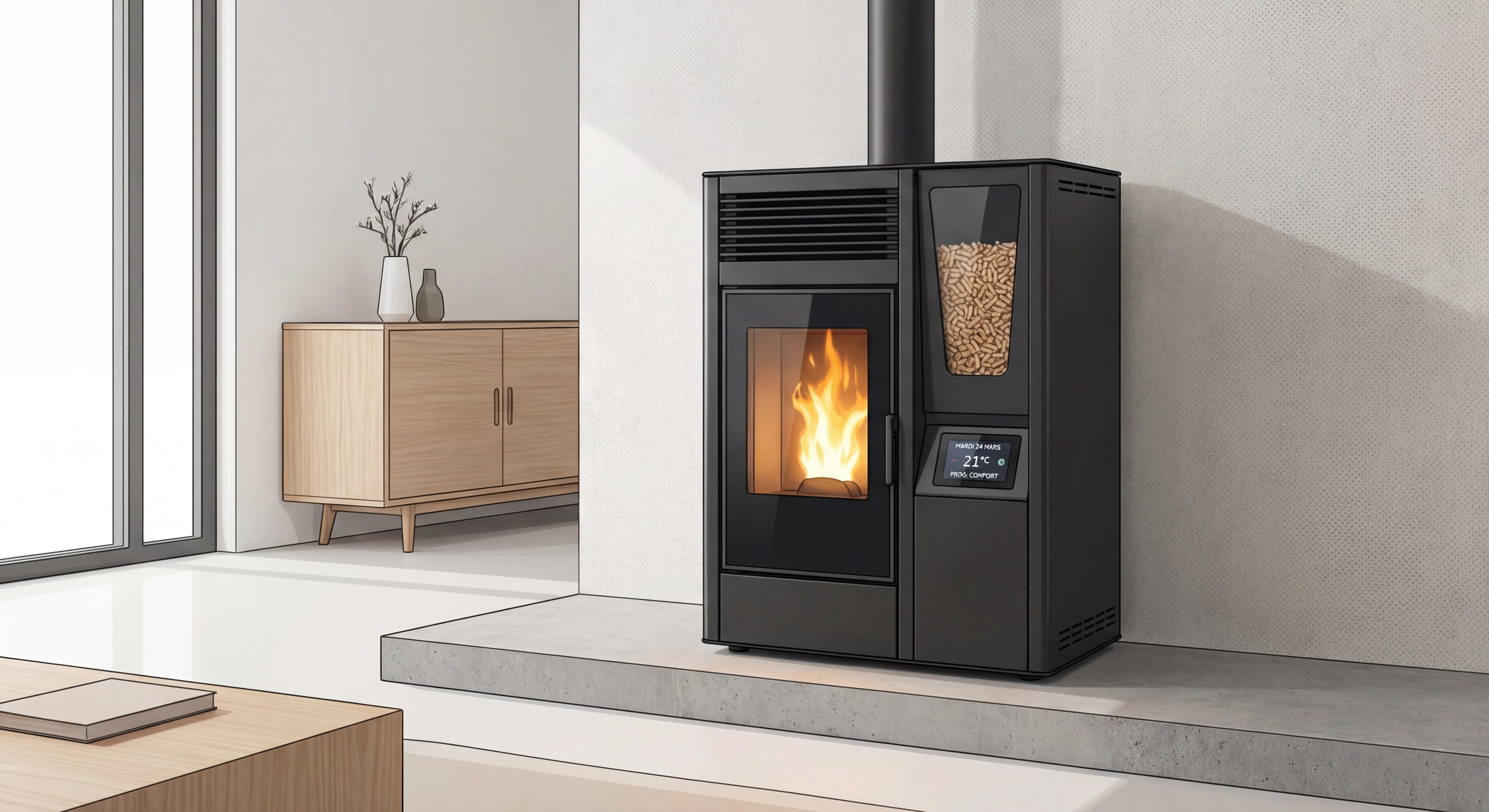 Poêle à granulés moderne avec écran de programmation et réservoir de pellets, intérieur contemporain