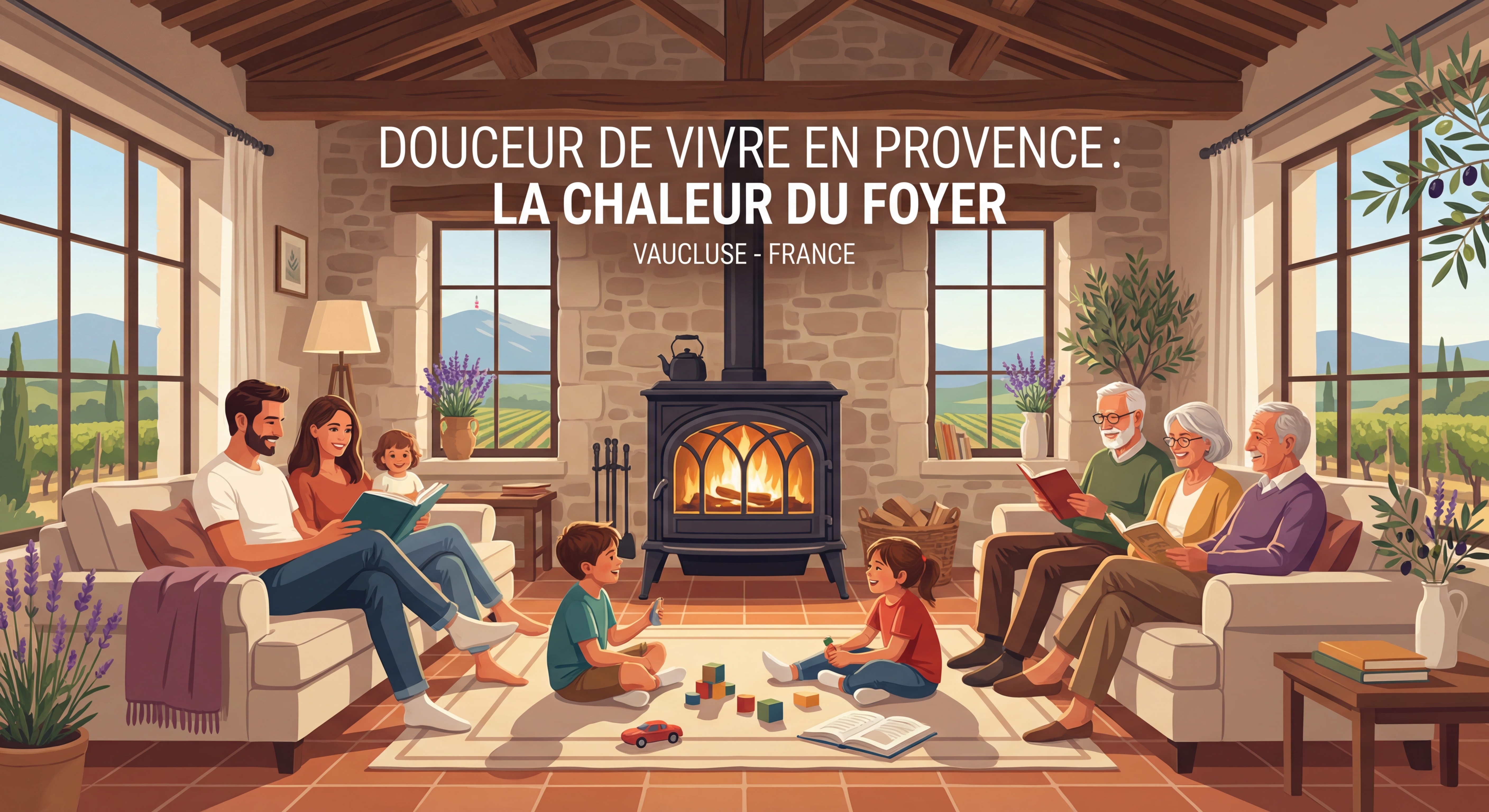 Famille confortable autour d'un poêle à bois dans une maison provençale en Vaucluse, ambiance chaleureuse et authentique