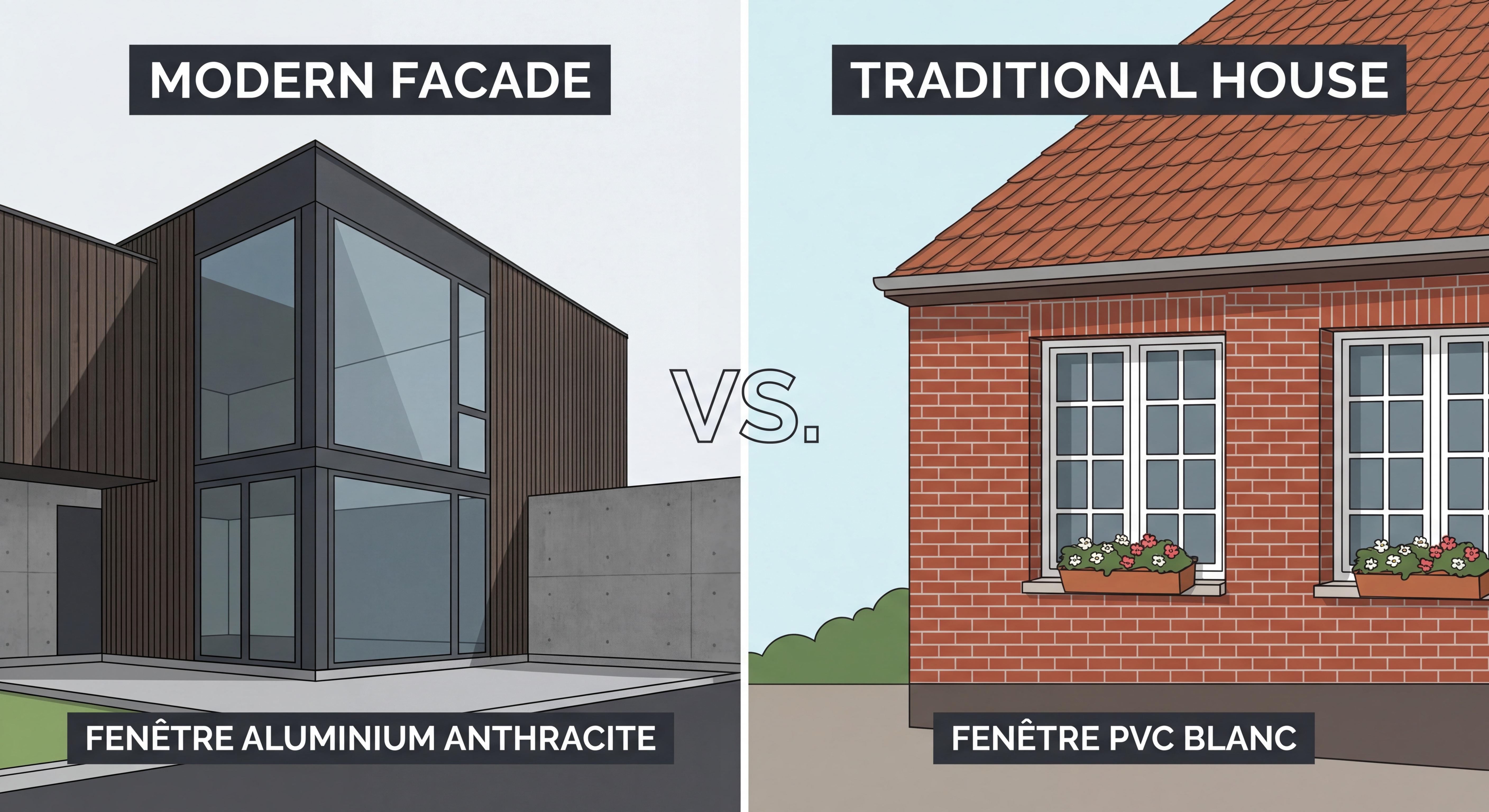 Fenêtre aluminium anthracite sur façade contemporaine versus fenêtre PVC blanc classique maison traditionnelle