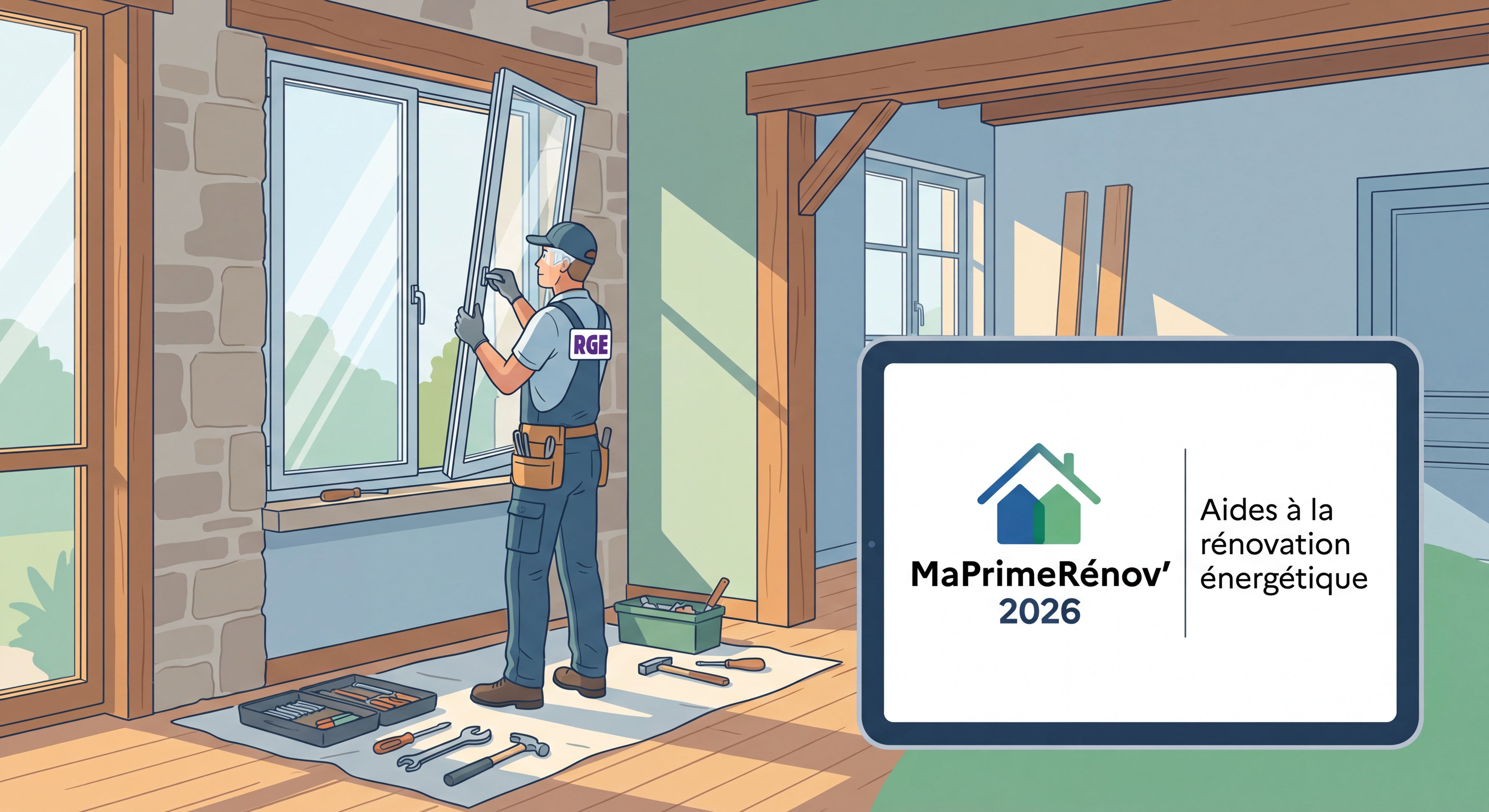 Artisan RGE posant une fenêtre double vitrage lors d'une rénovation énergétique avec logo MaPrimeRénov 2026