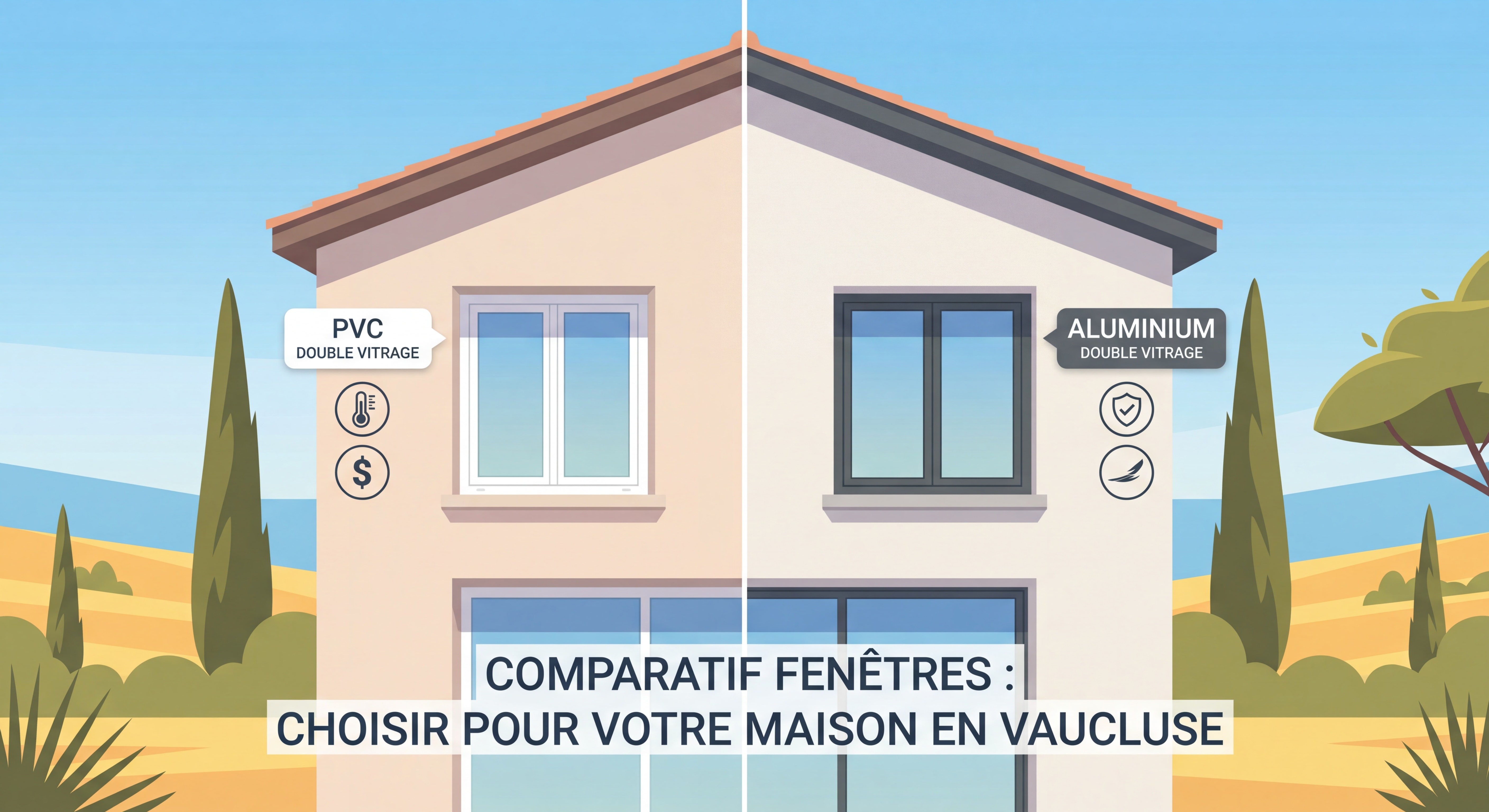 Comparatif fenêtres PVC et aluminium sur une maison moderne en Vaucluse, menuiserie double vitrage