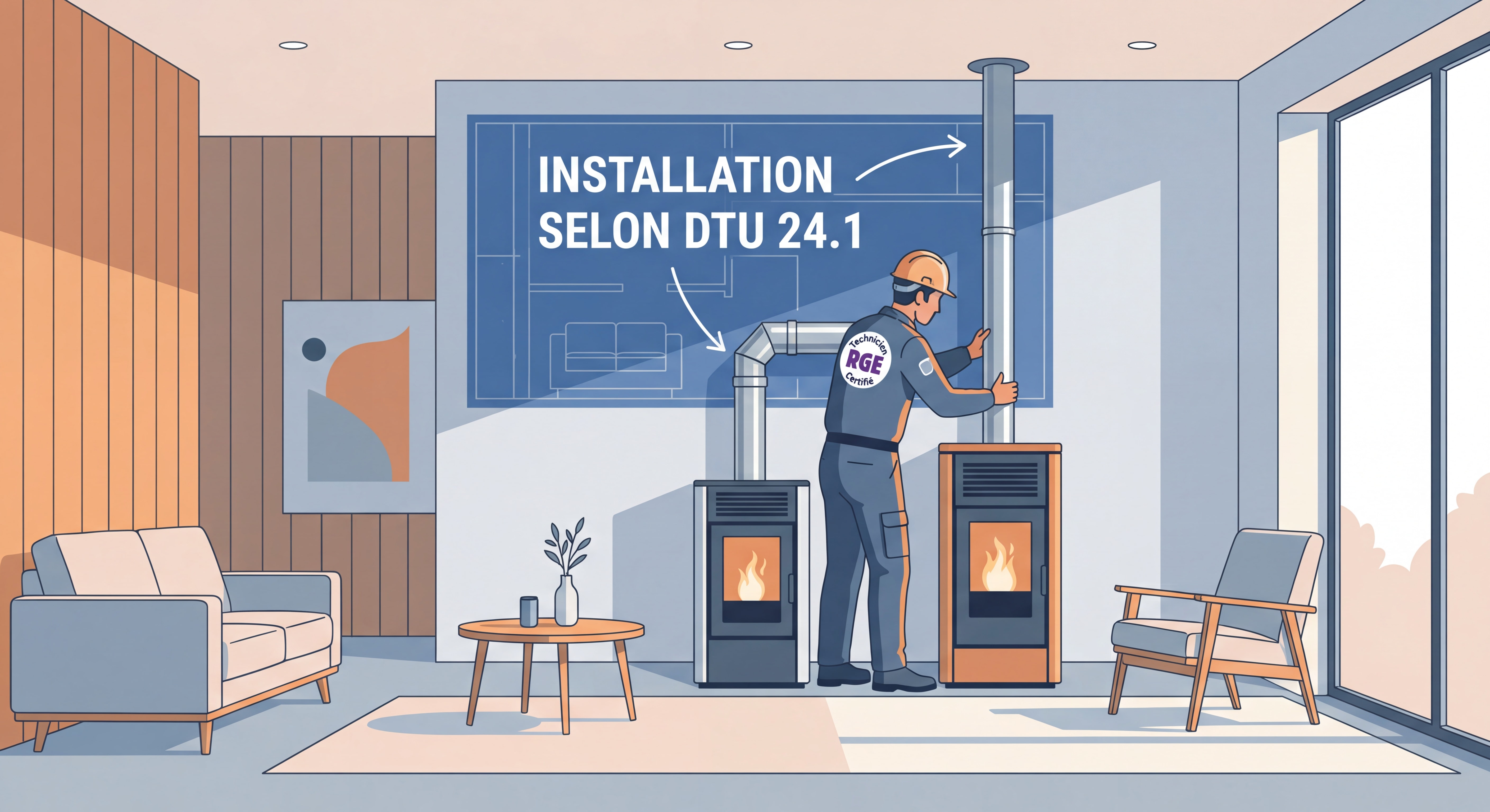 Technicien RGE certifié installant le conduit de fumée d'un poêle à granulés selon les normes DTU 24.1