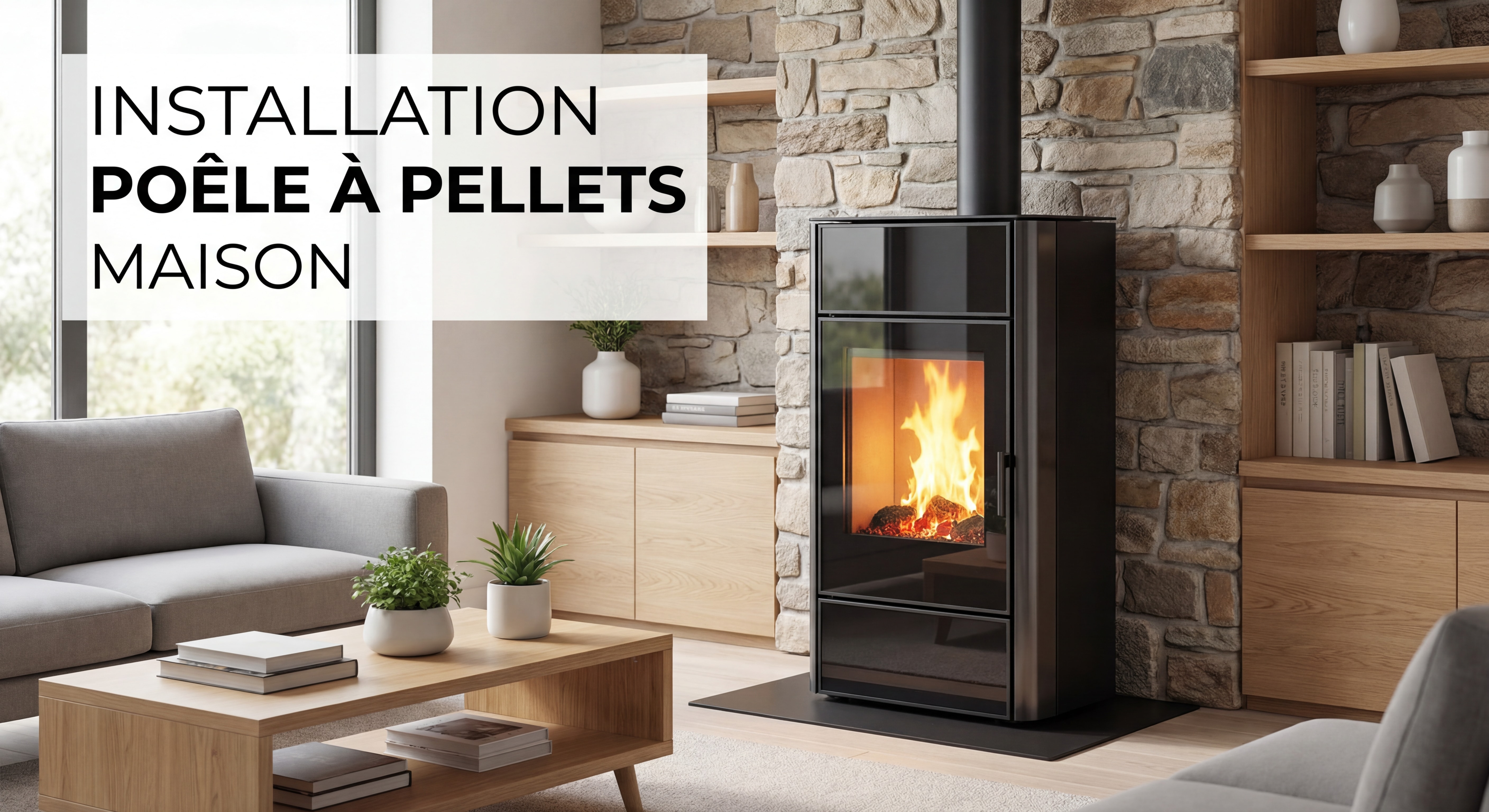 Poêle à granulés moderne installé dans un salon contemporain avec flammes visibles, installation poêle à pellets maison