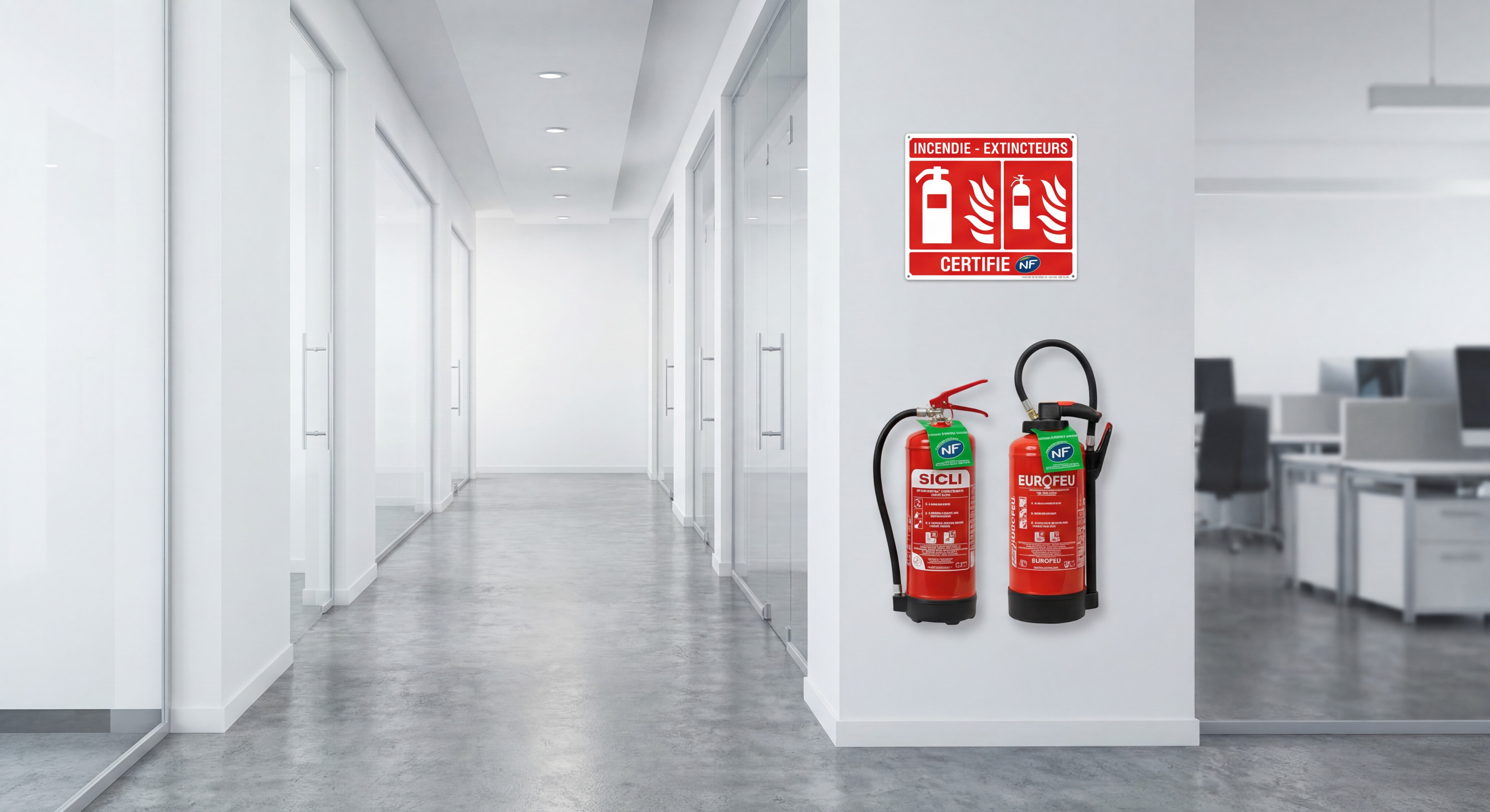 Extincteurs Sicli et Eurofeu certifiés NF installés dans un couloir d'entreprise, avec signalétique incendie normalisée visible au mur