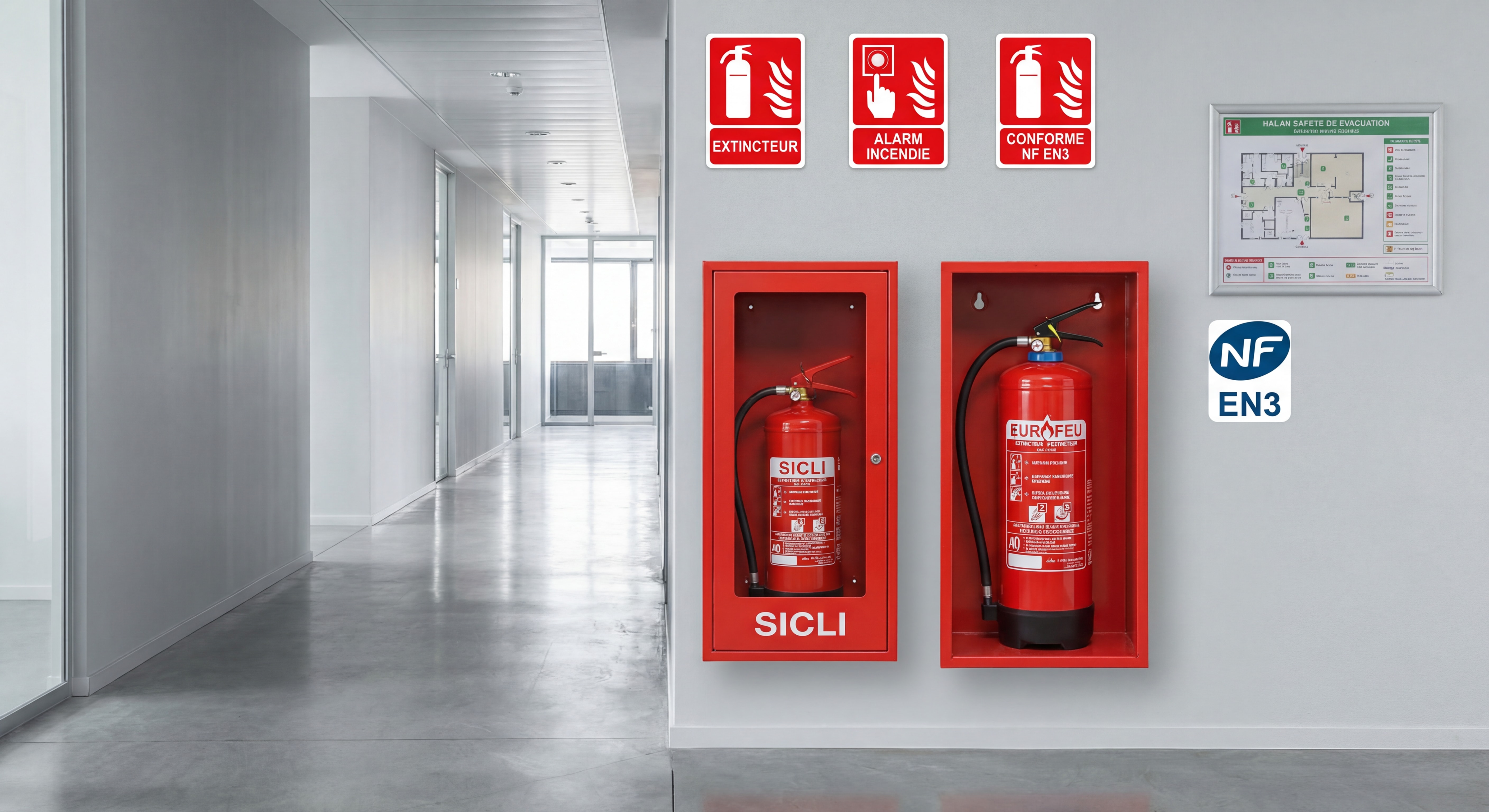 Extincteur professionnel Sicli et Eurofeu installés dans un couloir d'entreprise conforme aux normes NF EN3, avec signalétique de sécurité incendie visible