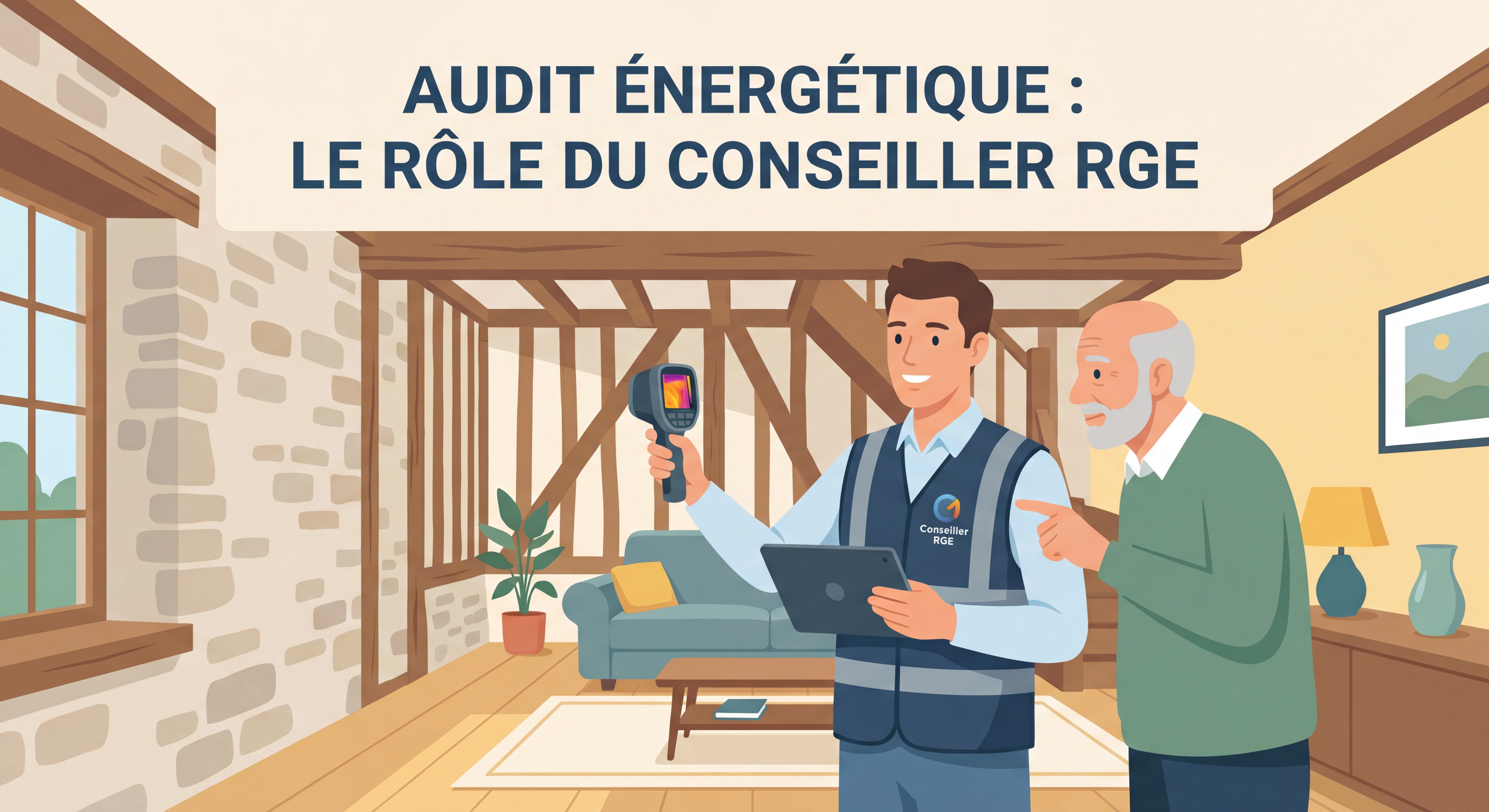 Conseiller RGE en visite chez un propriétaire, examinant les murs d'une maison ancienne pour un audit énergétique
