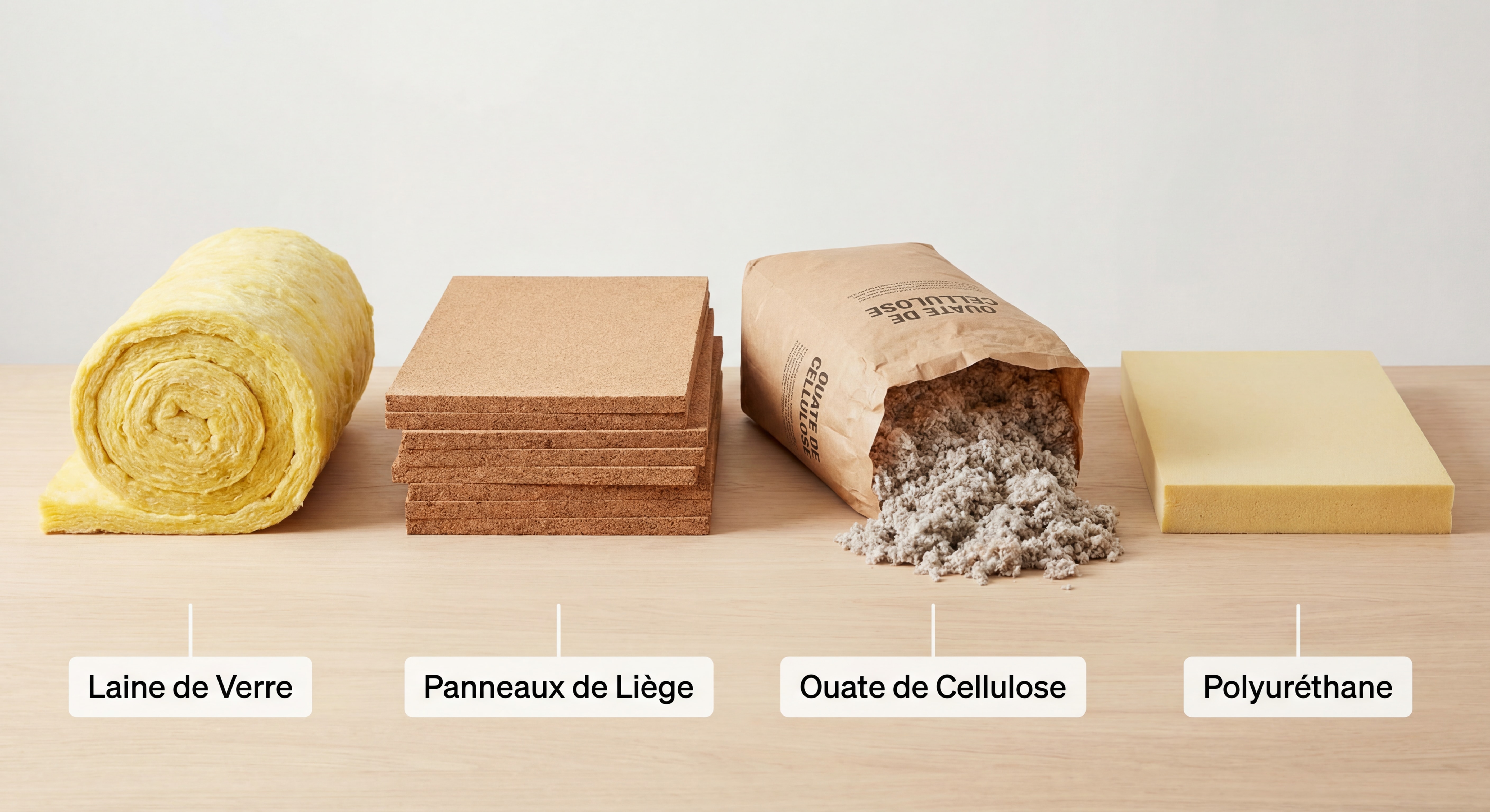 Différents matériaux isolants présentés côte à côte : laine de verre en rouleau, panneaux de liège, sac de ouate de cellulose, panneau de polyuréthane