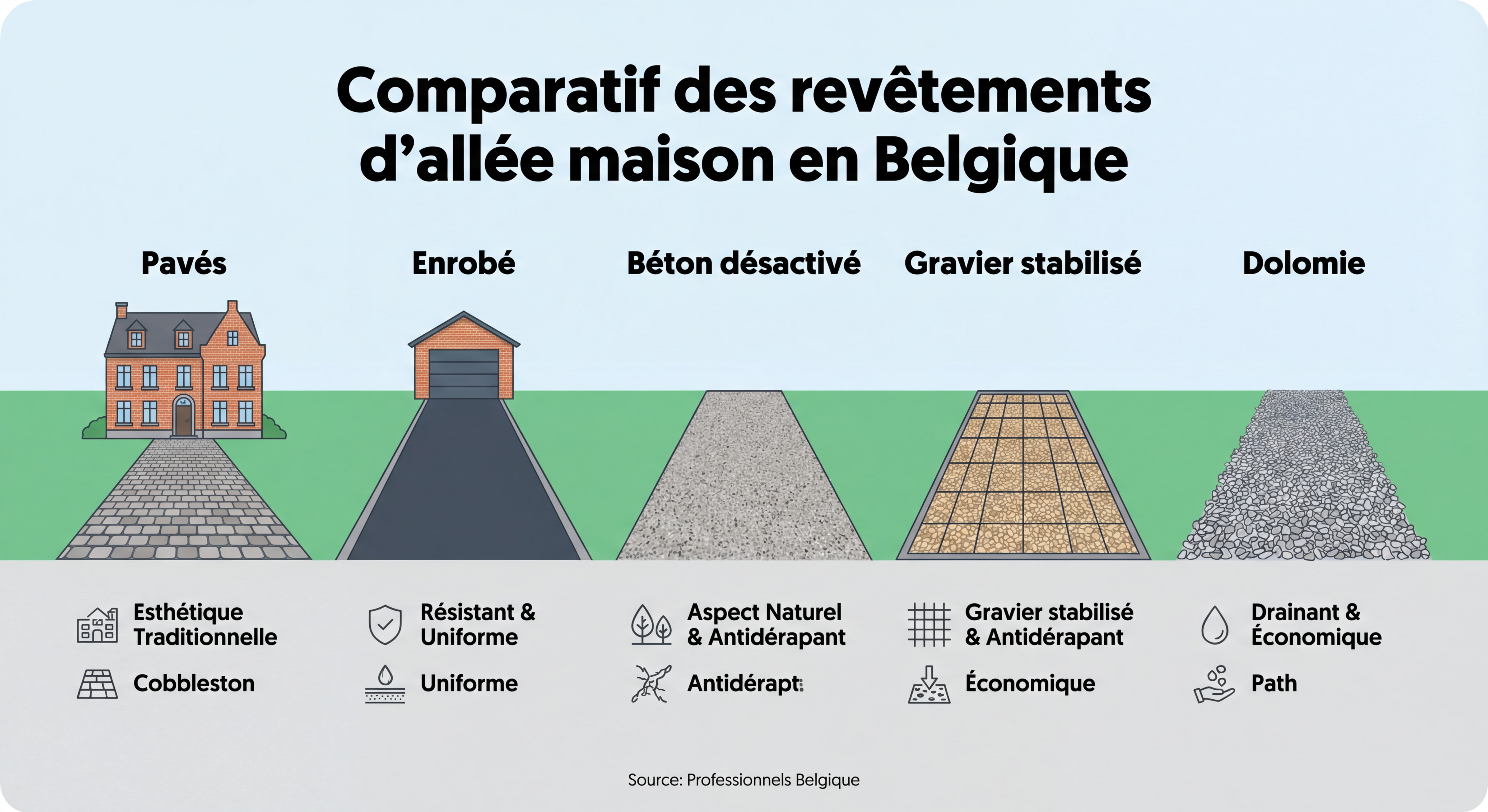 Comparatif des revêtements d'allée maison en Belgique — pavés, enrobé, béton désactivé, gravier stabilisé et dolomie