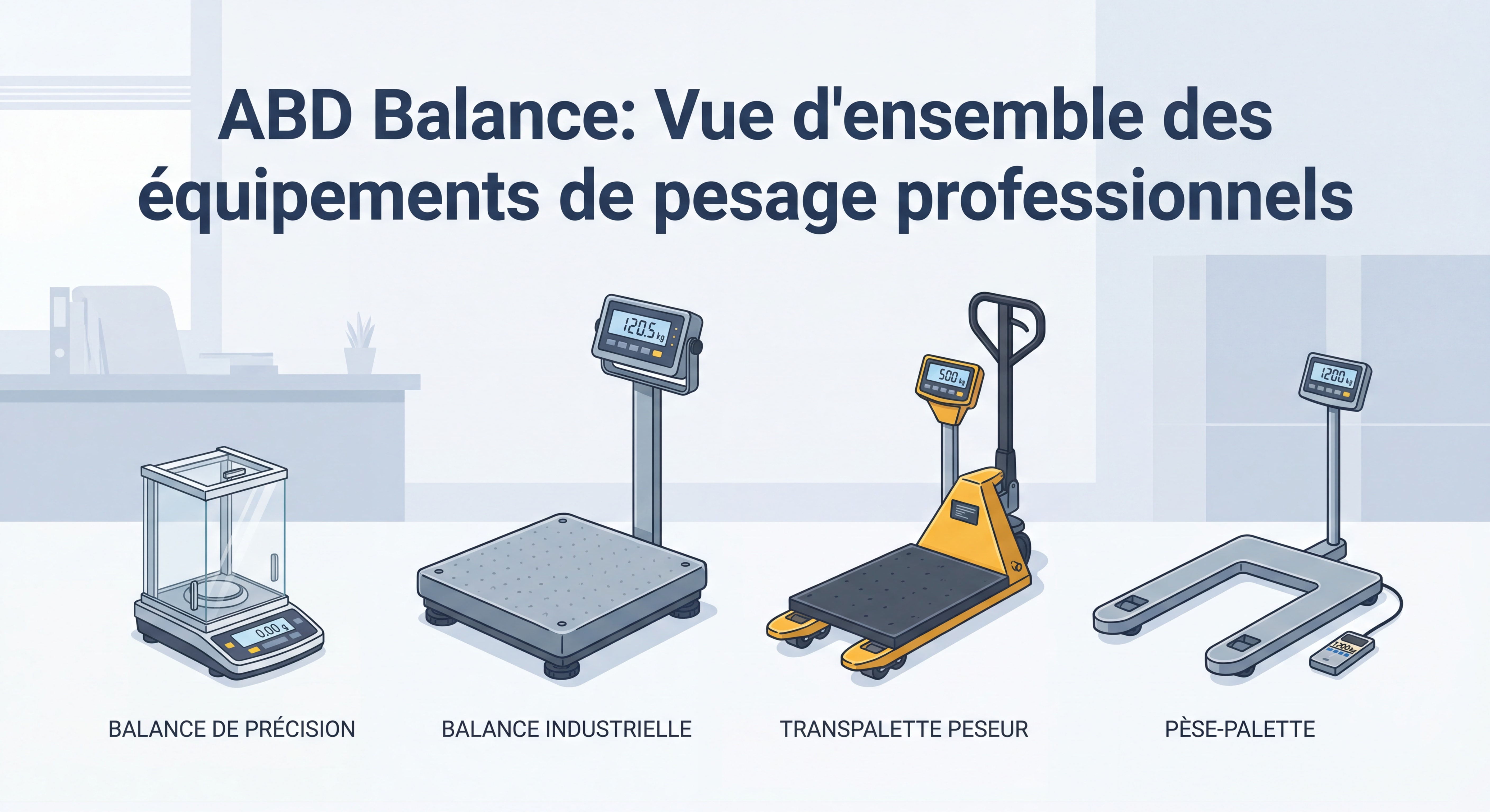 Vue d'ensemble des équipements de pesage professionnels ABD Balance : balance de précision, balance industrielle, transpalette peseur et pèse-palette