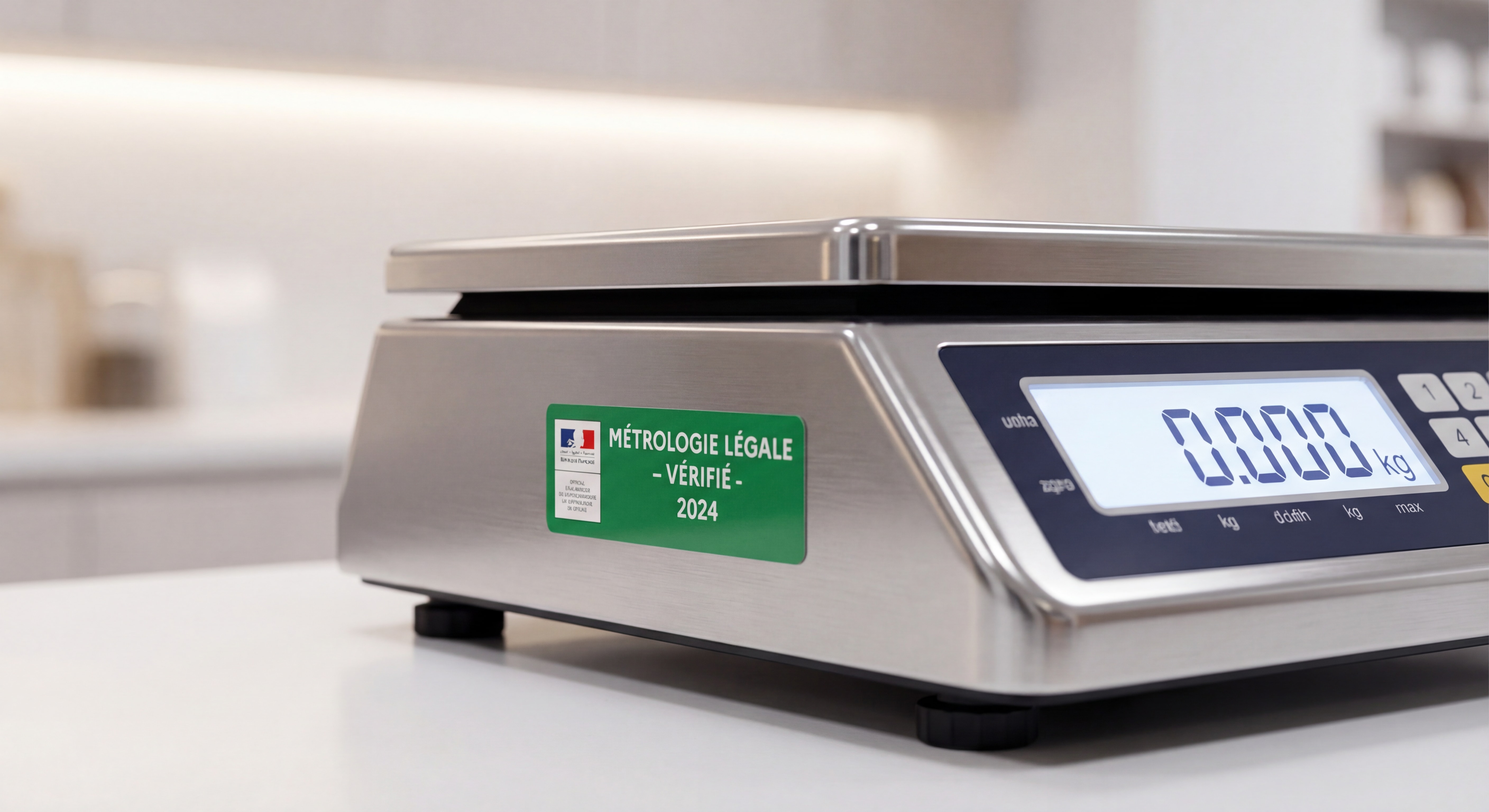 Gros plan sur une vignette verte métrologique apposée sur une balance de commerce professionnelle