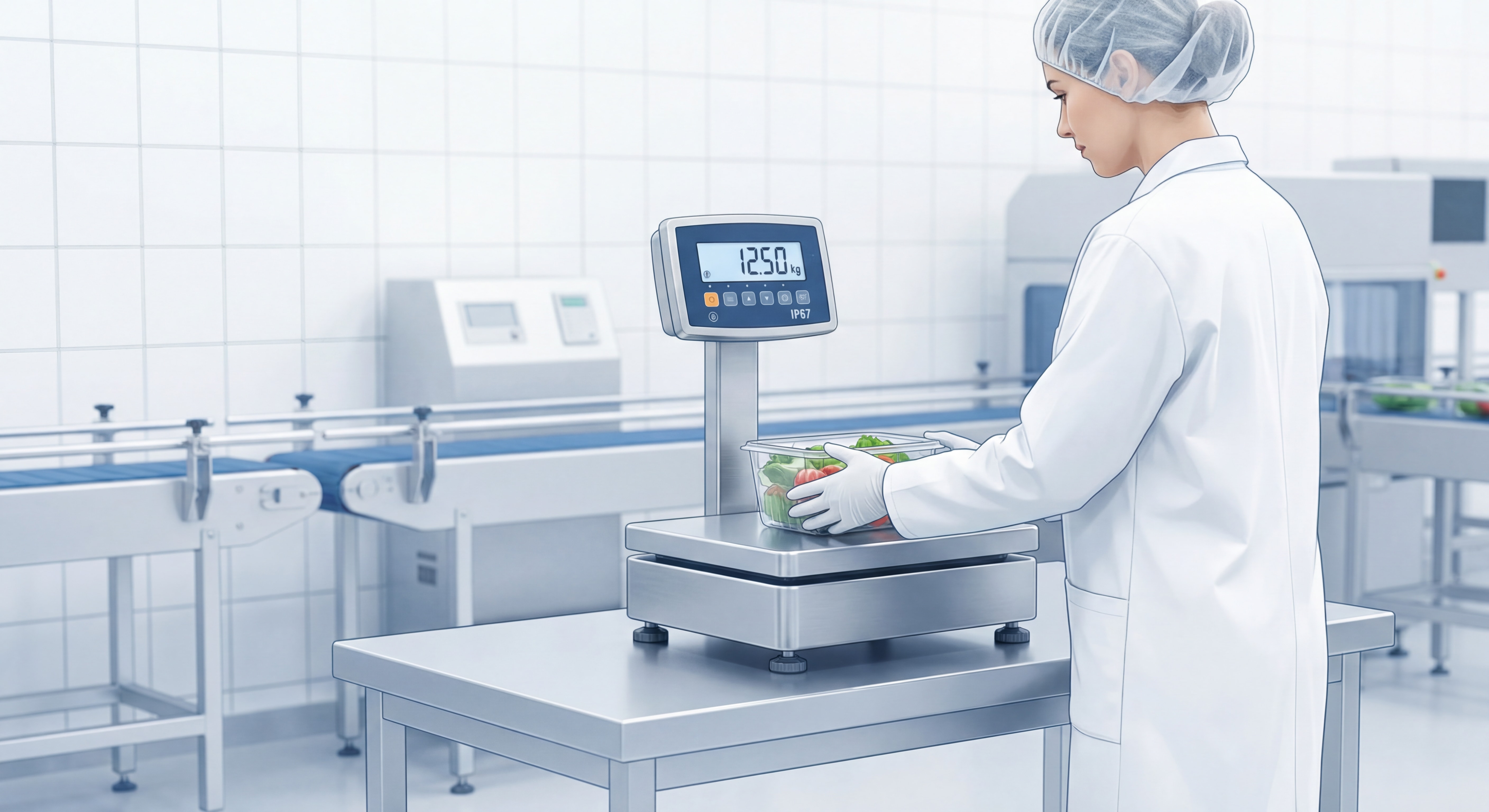 Balance de précision industrielle inox IP67 dans un environnement agroalimentaire avec opérateur en tenue blanche