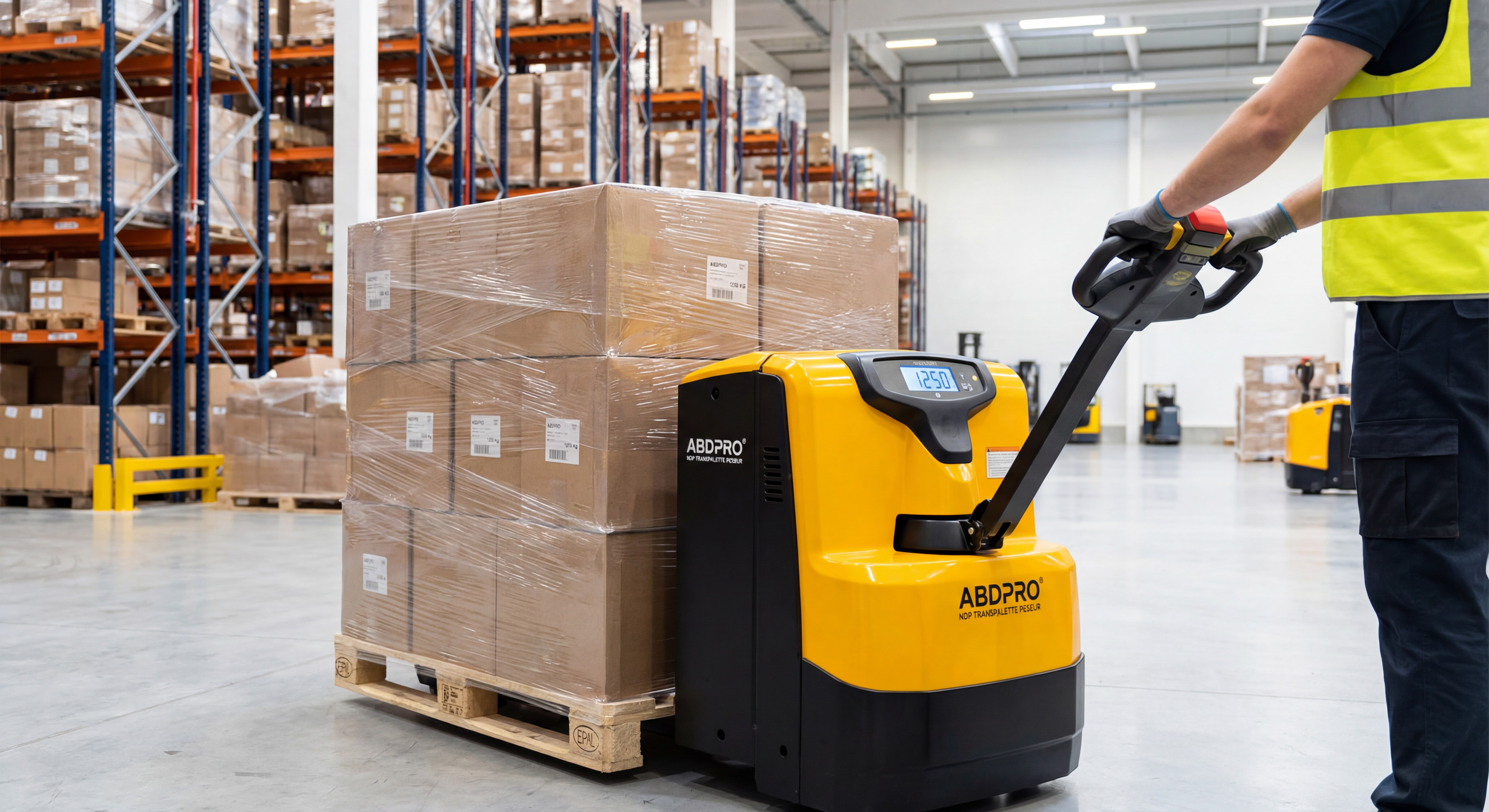 Transpalette peseur ABDPRO NDP en action dans un entrepôt logistique avec affichage LCD du poids sur palette