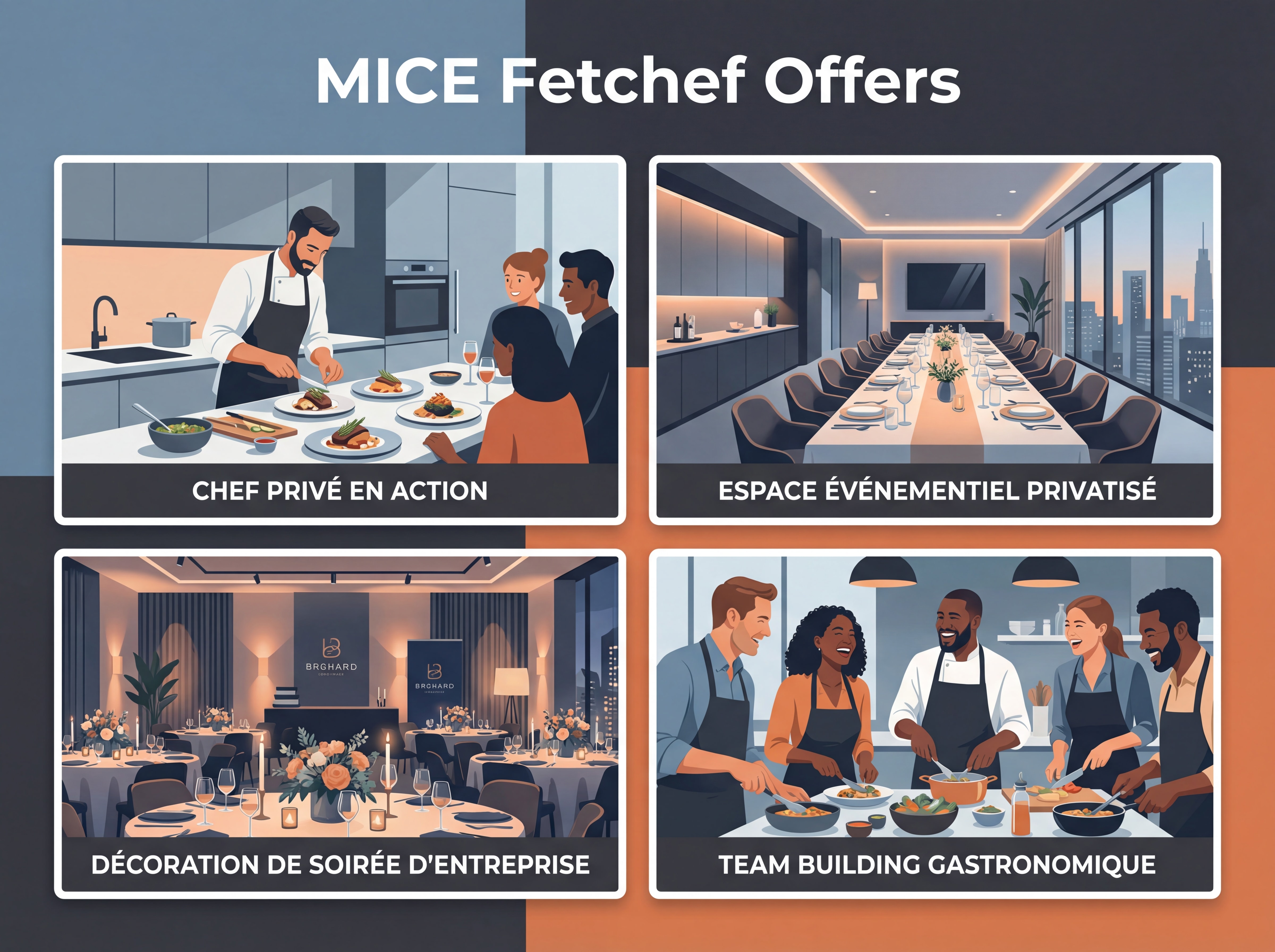 Collage d'offres MICE Fetchef - chef privé en action, espace événementiel privatisé, décoration de soirée d'entreprise, team building gastronomique