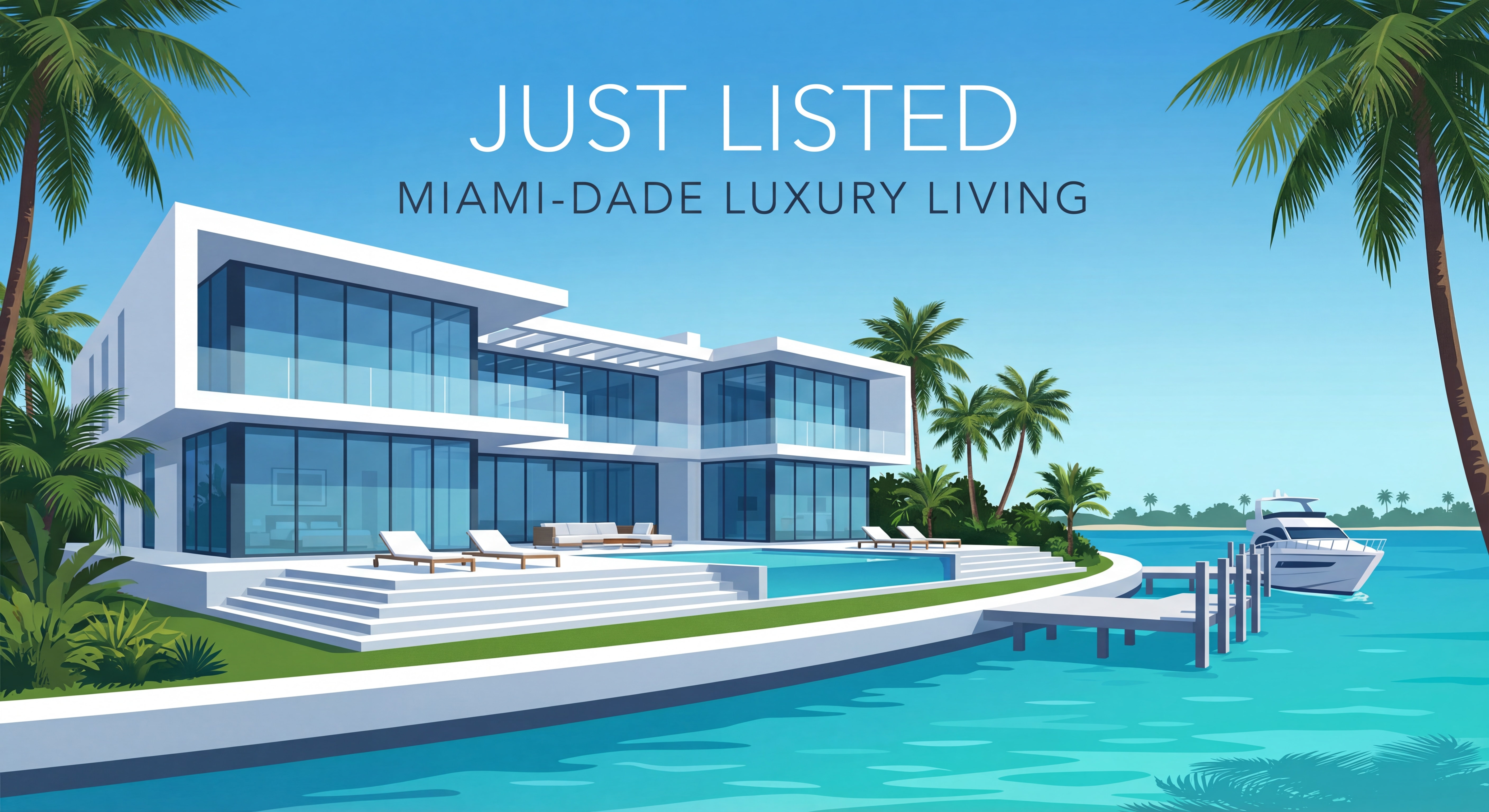 Luxury waterfront home for sale in Miami-Dade County with palm trees and blue sky — South Florida real estate listing