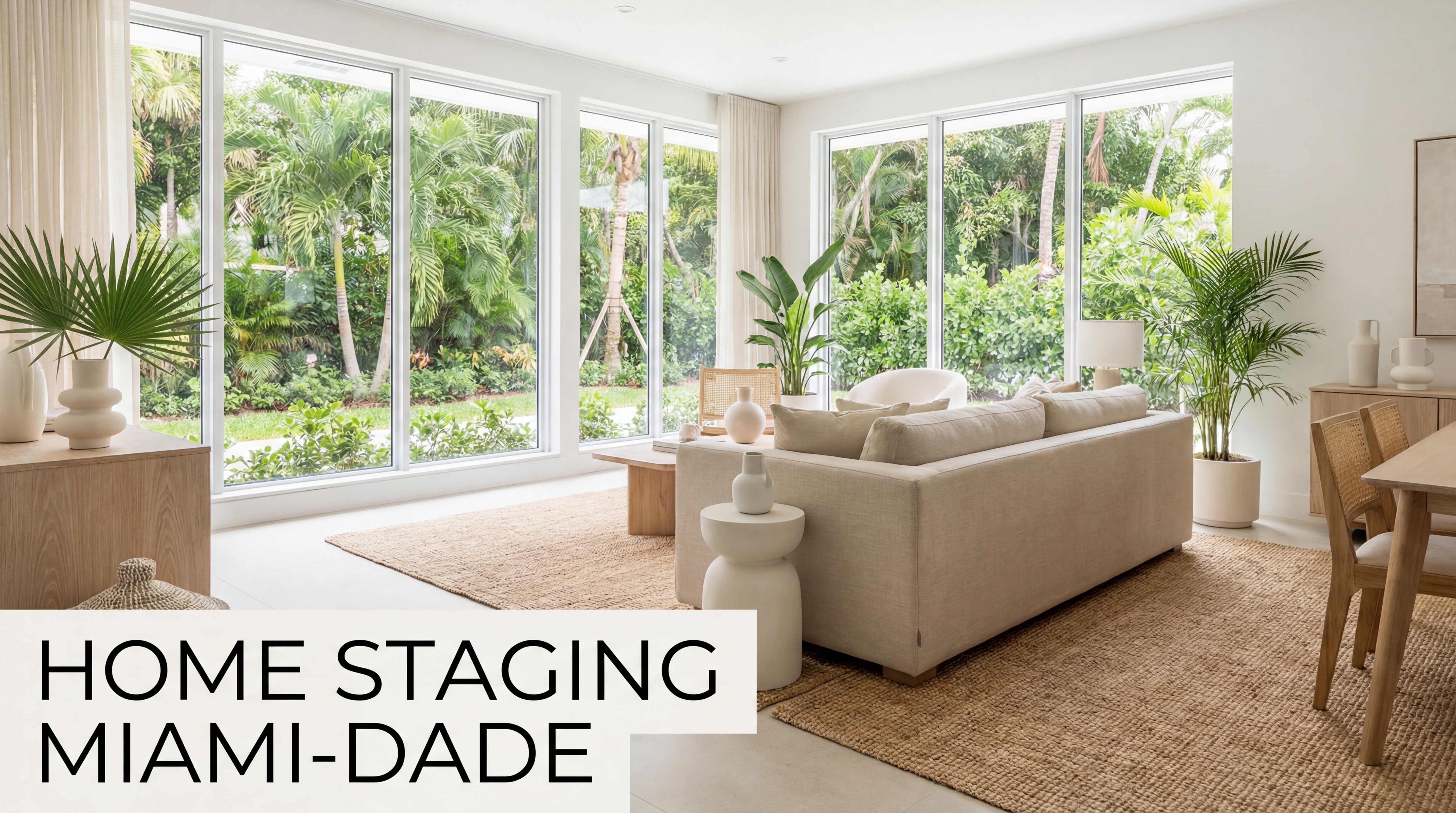 Professionally staged South Florida living room with neutral tones, natural light, and tropical garden view — home staging Miami-Dade
