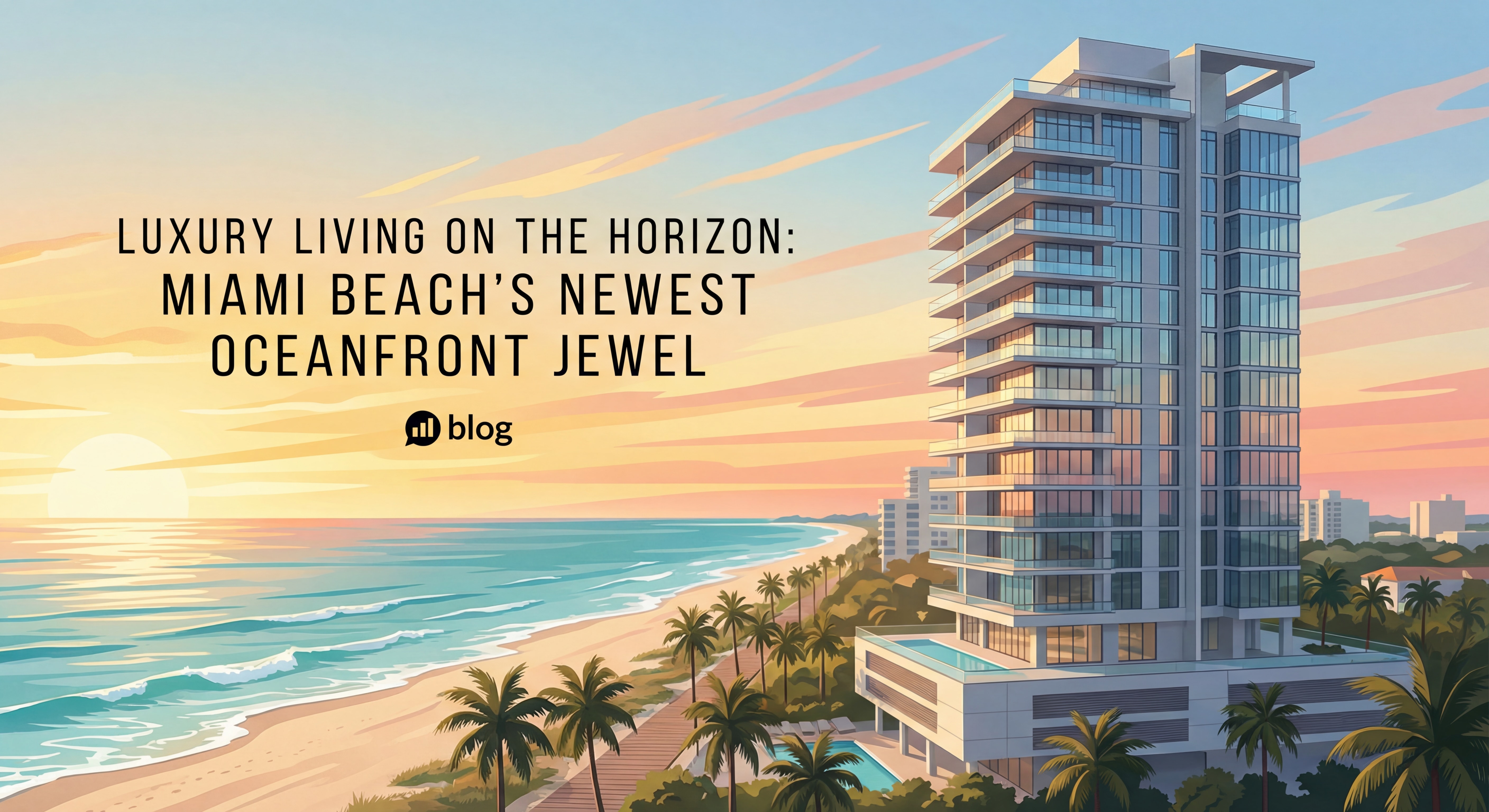 Luxury new construction Miami Beach oceanfront condo tower at sunrise with turquoise Atlantic Ocean in the background