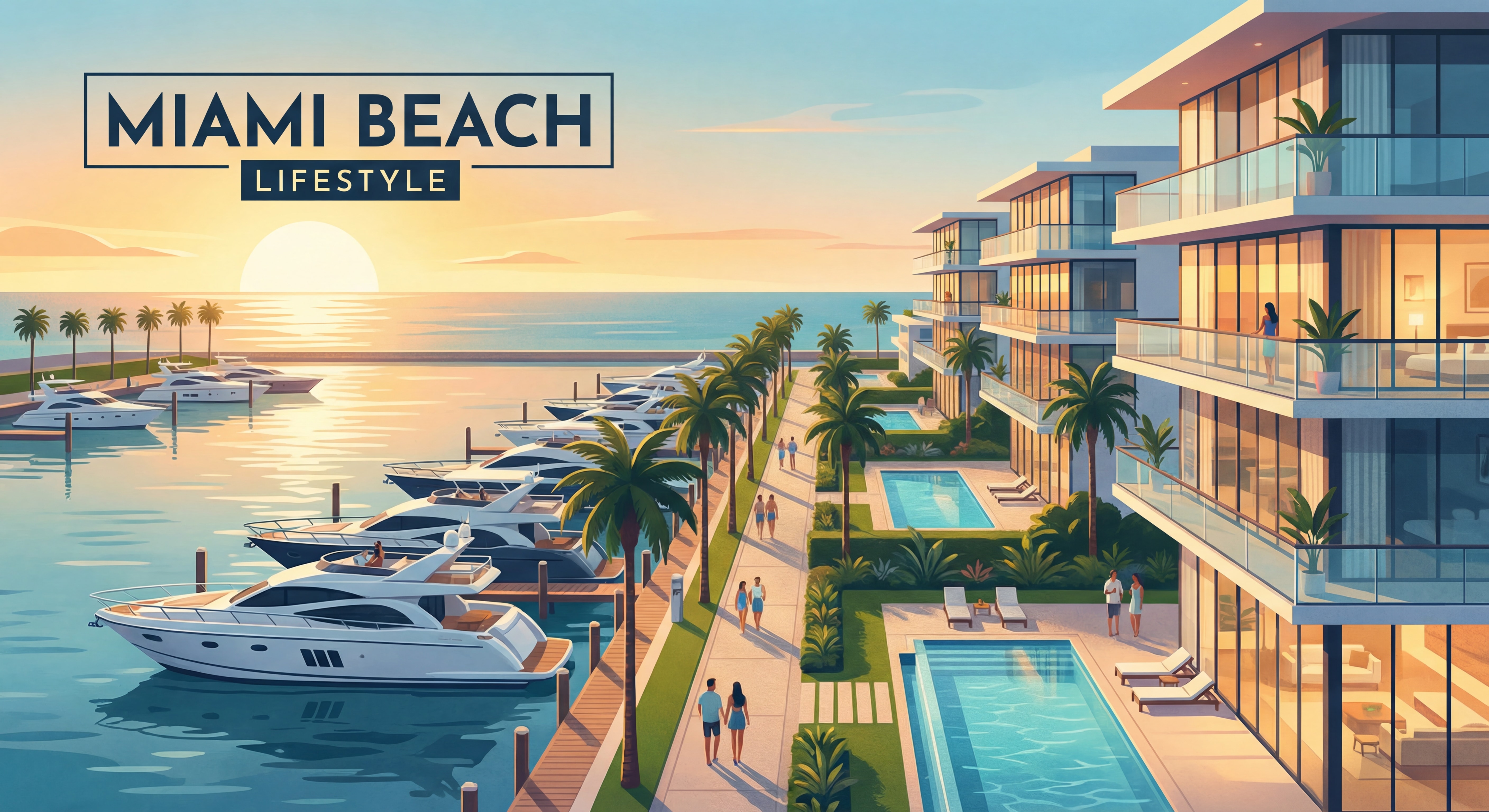 Luxury Miami Beach waterfront lifestyle showing yacht marina, palm trees, and oceanfront residences at golden hour