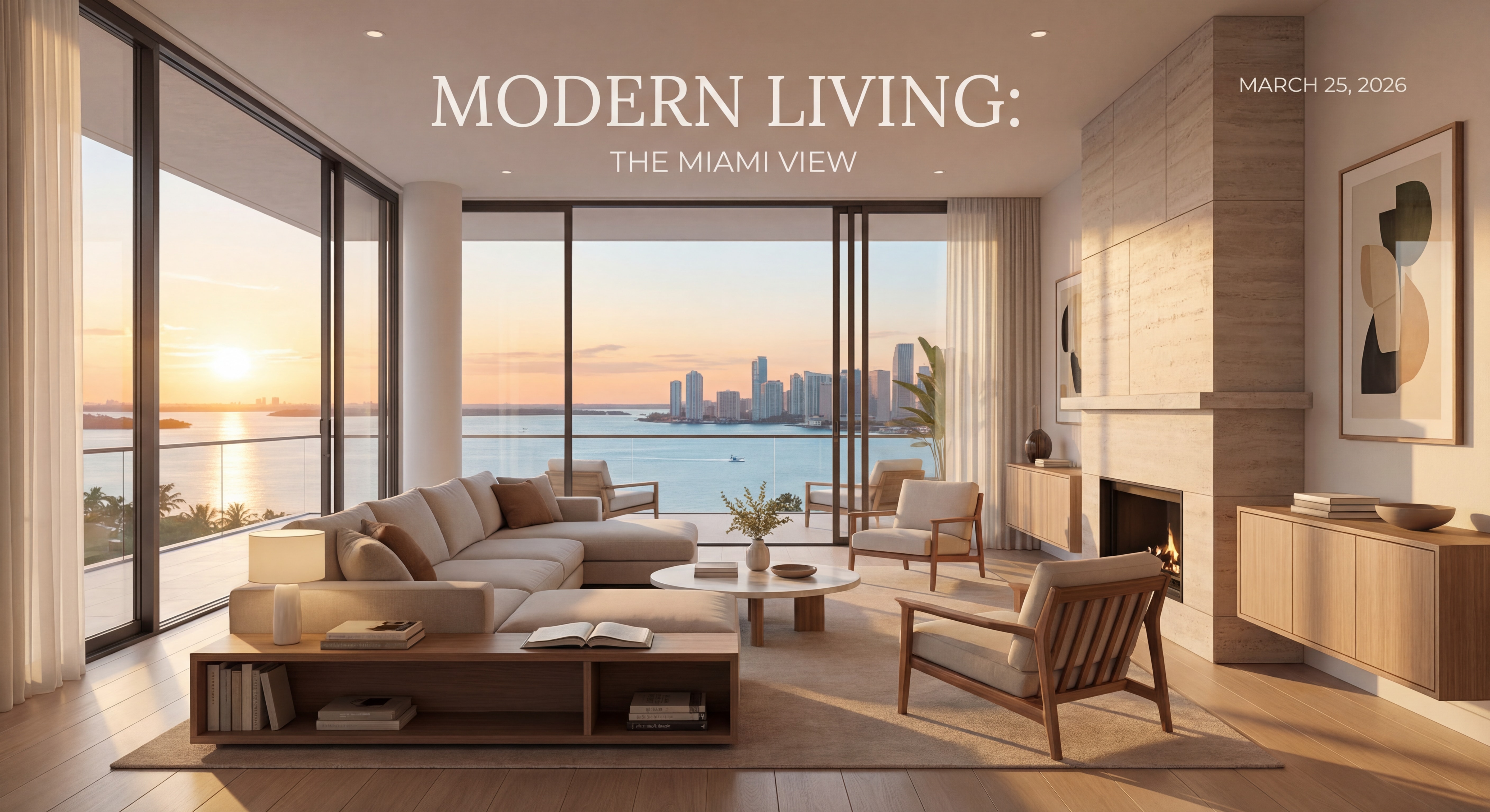 Modern luxury condo interior with floor-to-ceiling windows overlooking Biscayne Bay and Miami skyline