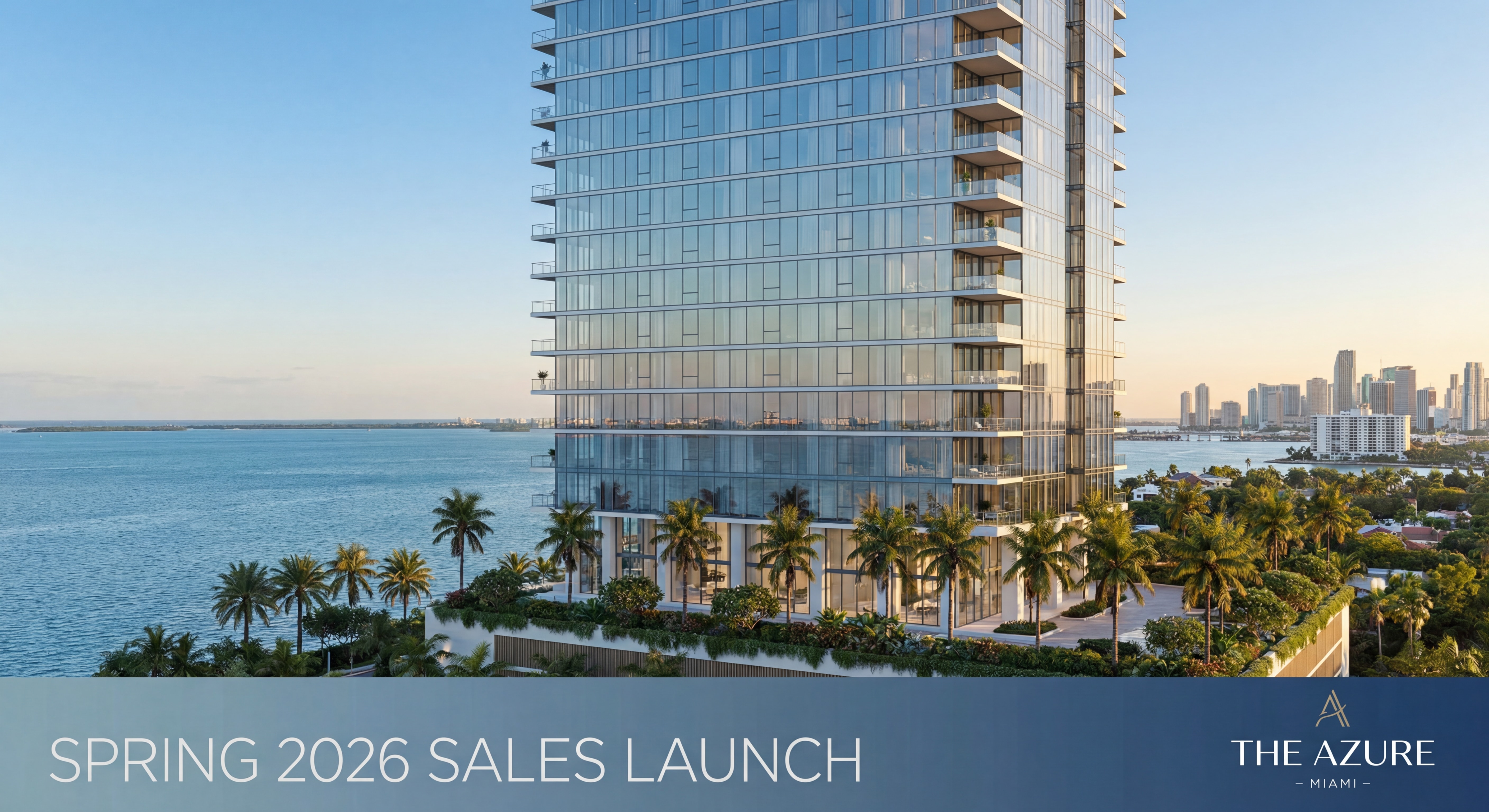 Architectural rendering of a new luxury high-rise tower launching sales in Miami spring 2026, glass facade with ocean views