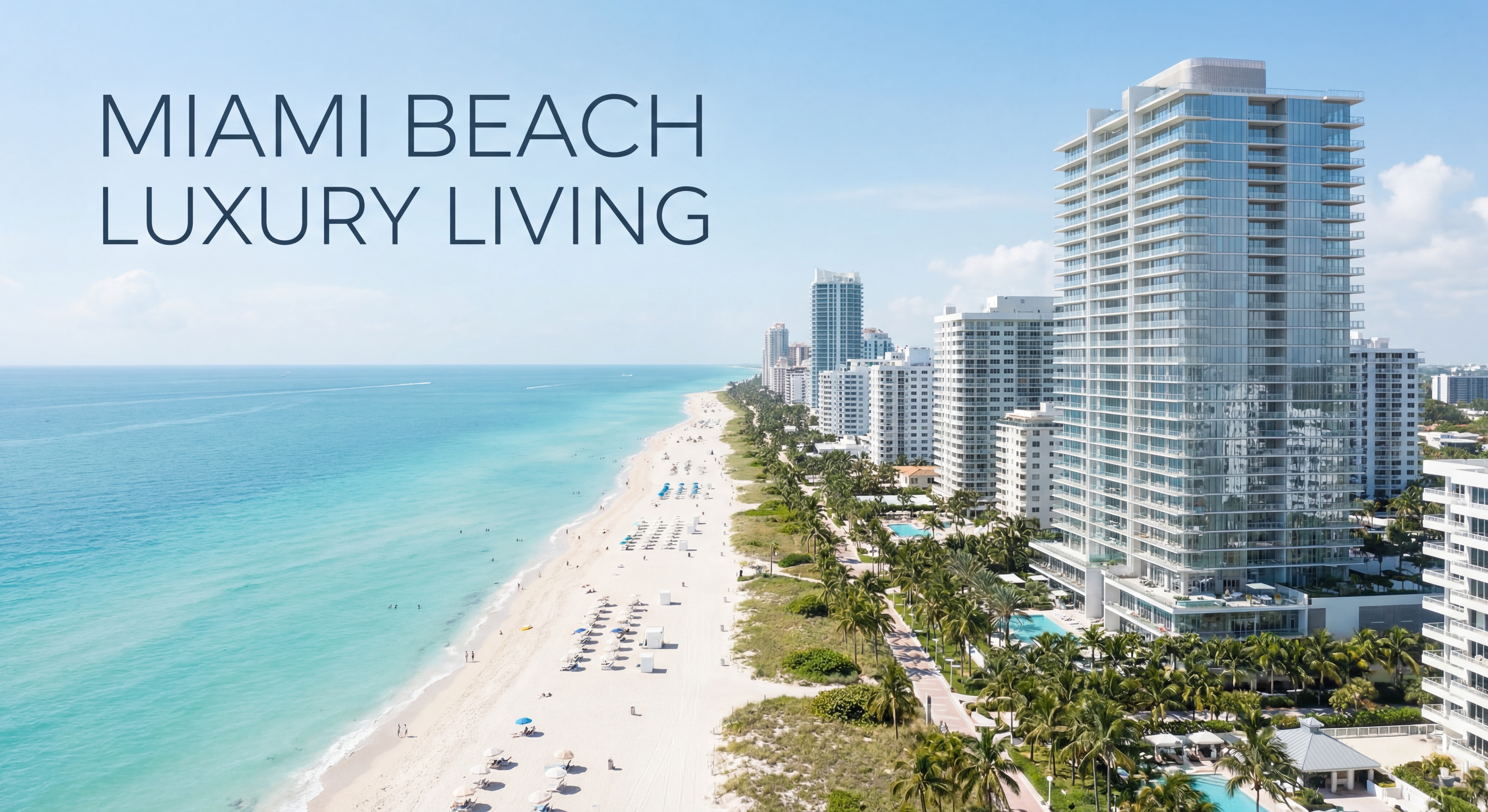 Aerial drone view of Miami Beach luxury residential towers along the coastline with turquoise Atlantic Ocean and white sand beaches visible