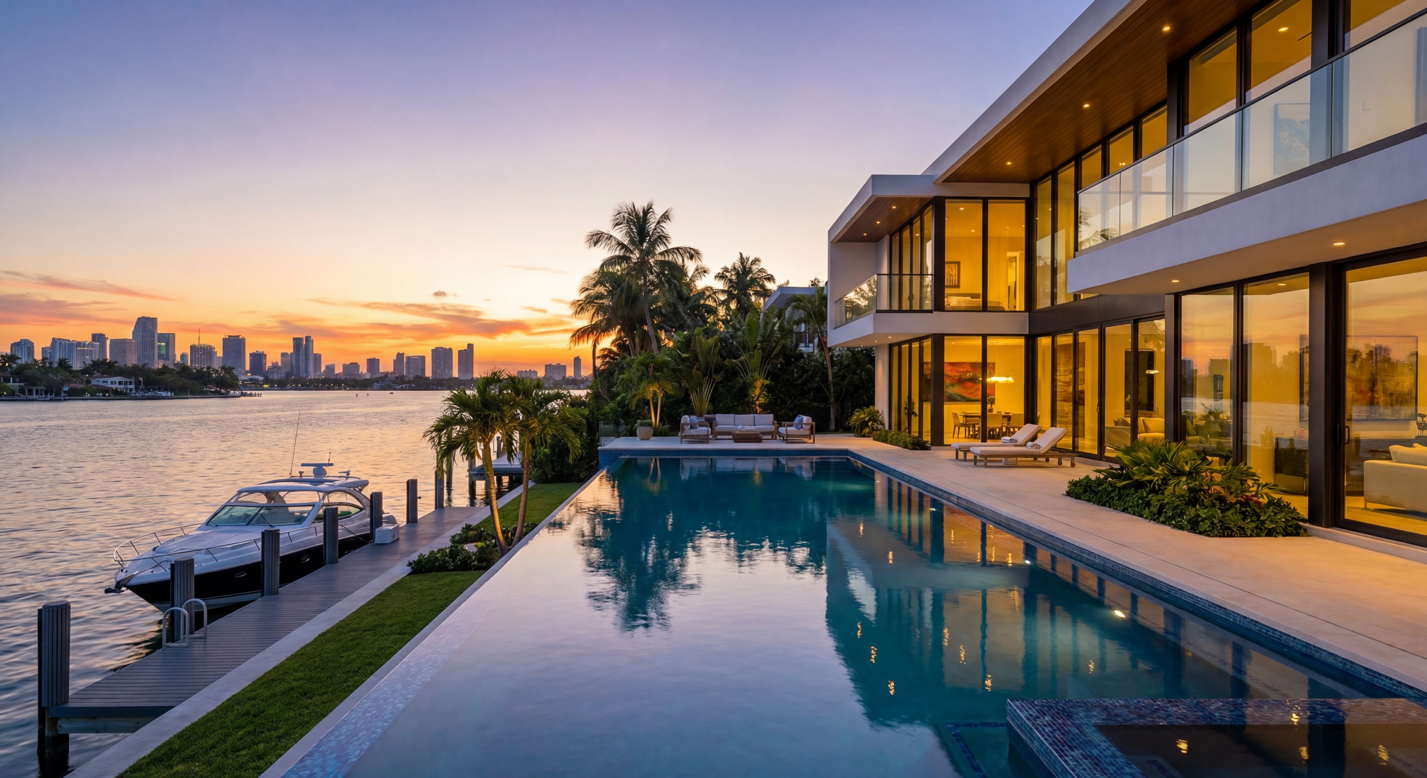 Stunning Miami waterfront property with private dock, infinity pool, and panoramic Biscayne Bay views at sunset