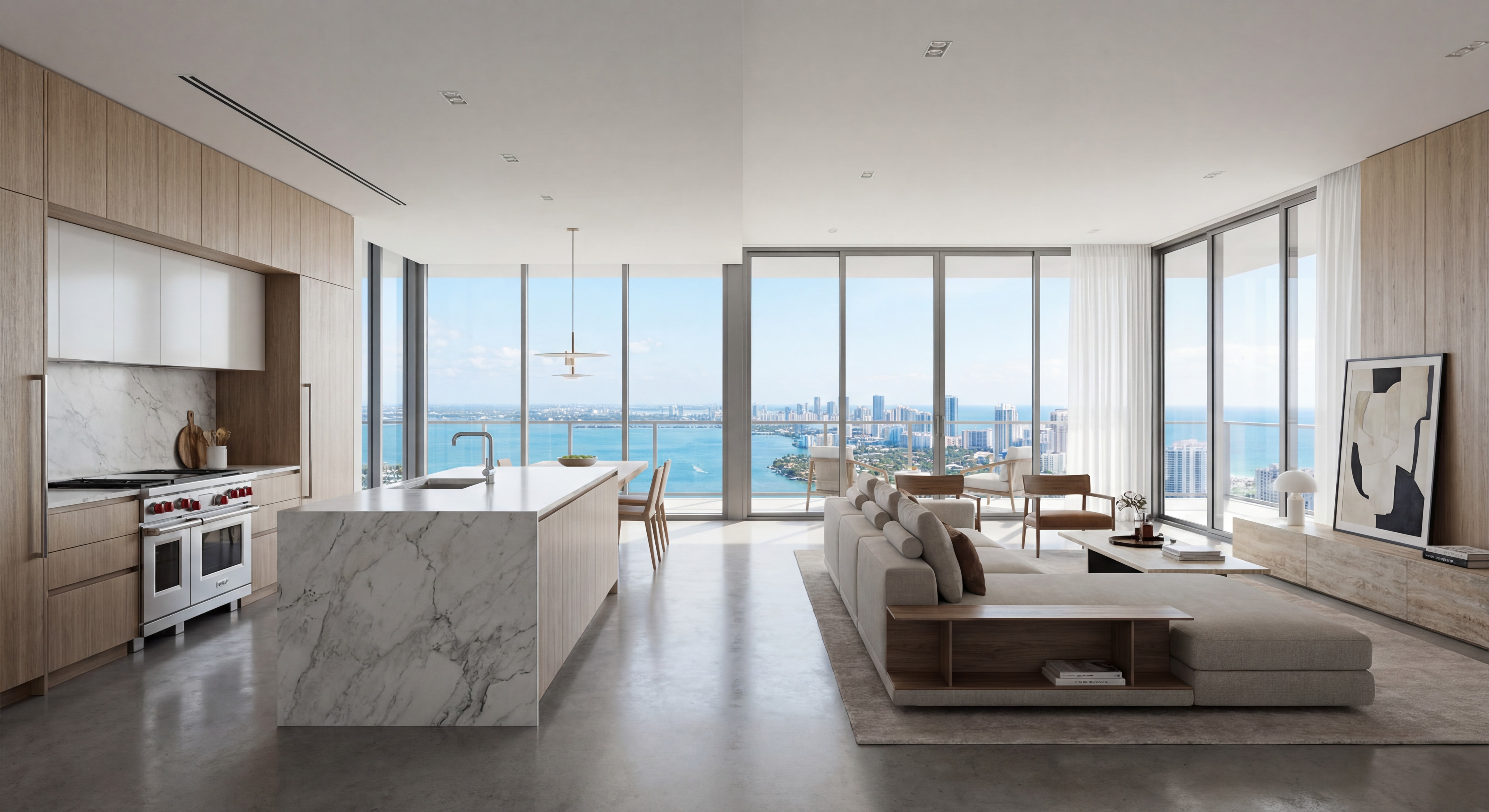 Ultra-luxury Miami condo interior with floor-to-ceiling windows, open-plan living space, chef's kitchen, and panoramic city and bay views