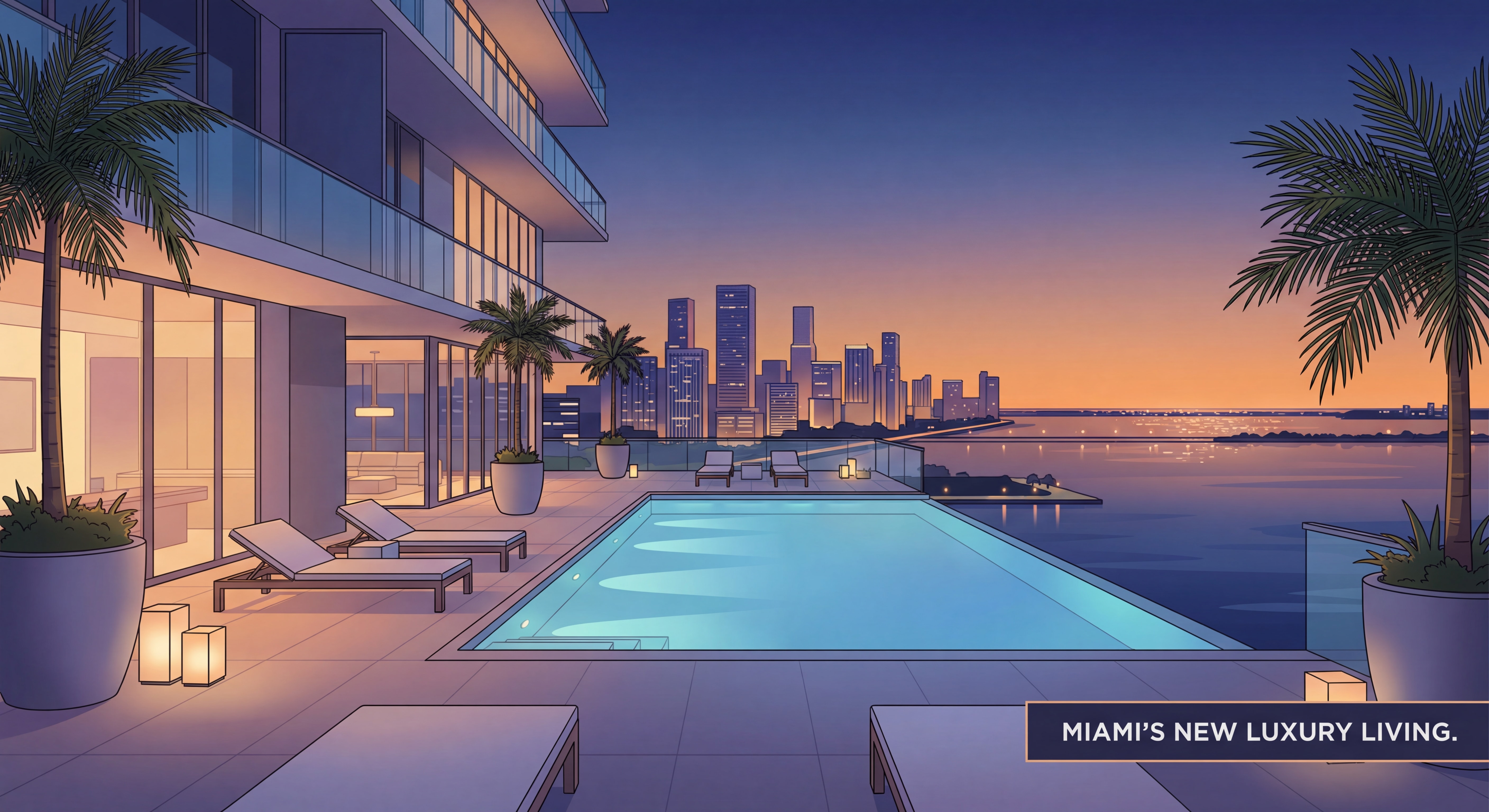 Luxury rooftop pool terrace at a Miami new construction condo tower with panoramic views of the Miami skyline and Biscayne Bay at dusk