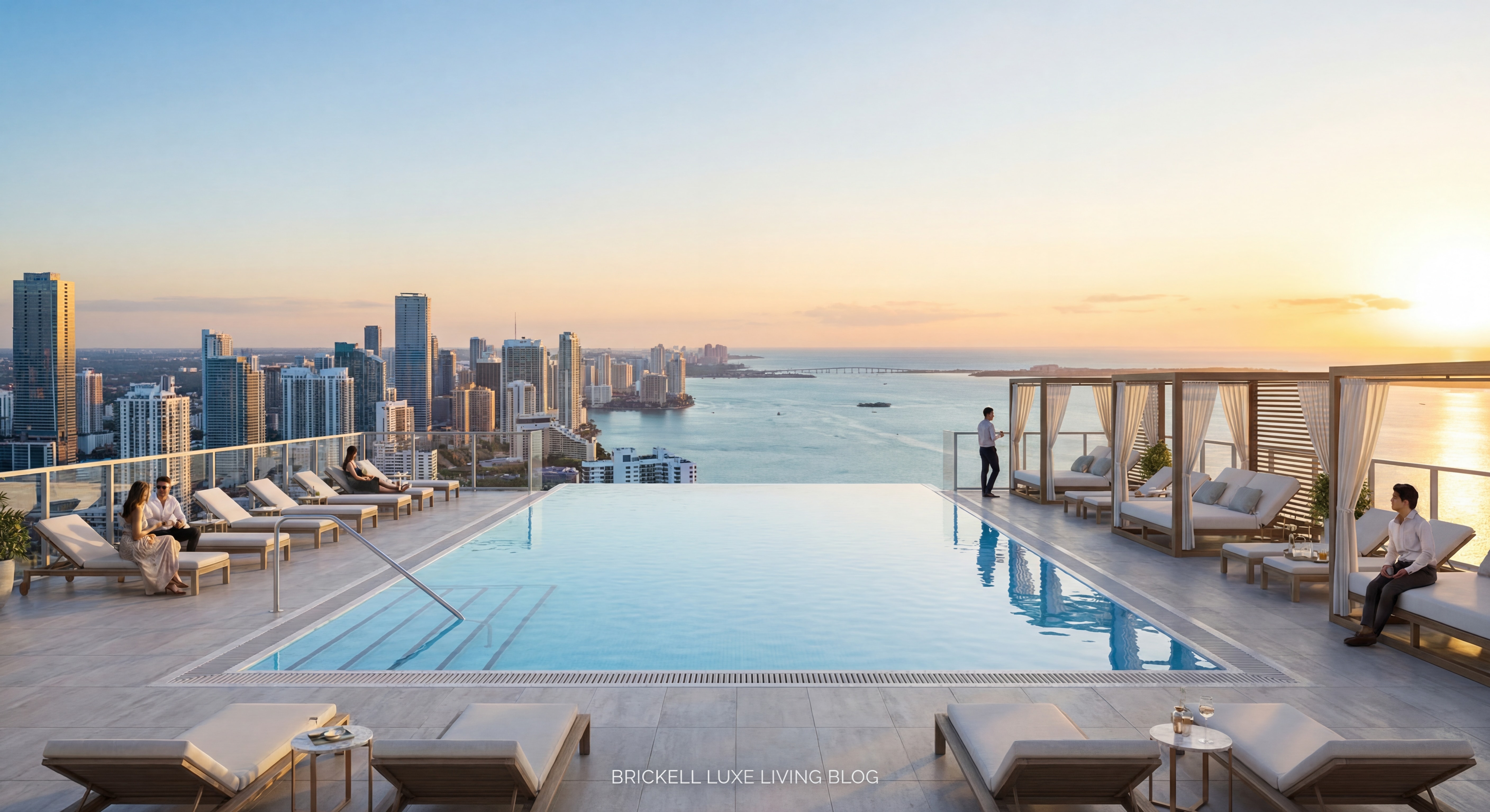 Rooftop infinity pool at a luxury Brickell high-rise with panoramic views of the Miami skyline and Biscayne Bay