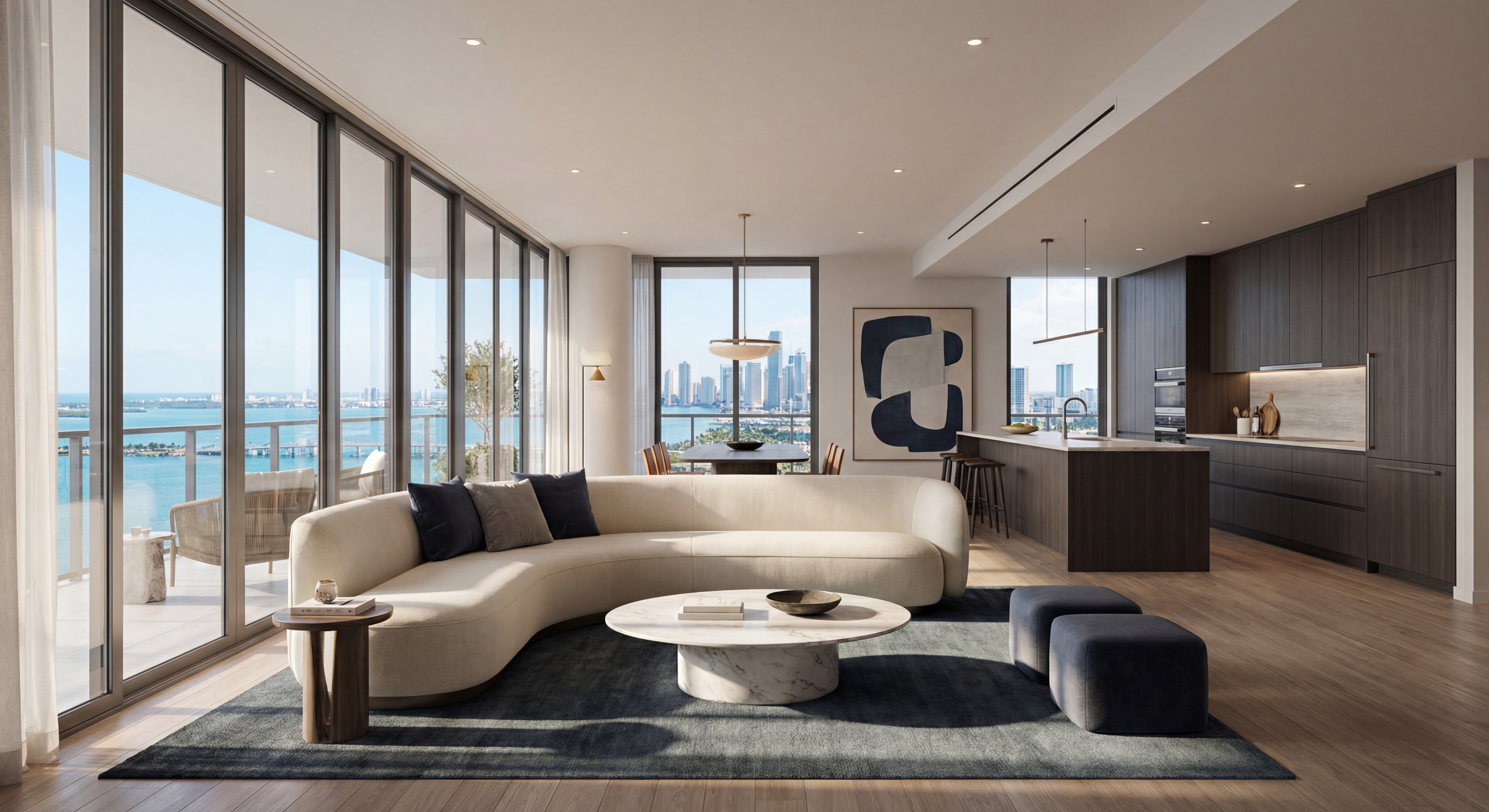 Modern luxury Brickell condo interior with open-plan living room, floor-to-ceiling windows overlooking Miami Bay, designer furniture and kitchen