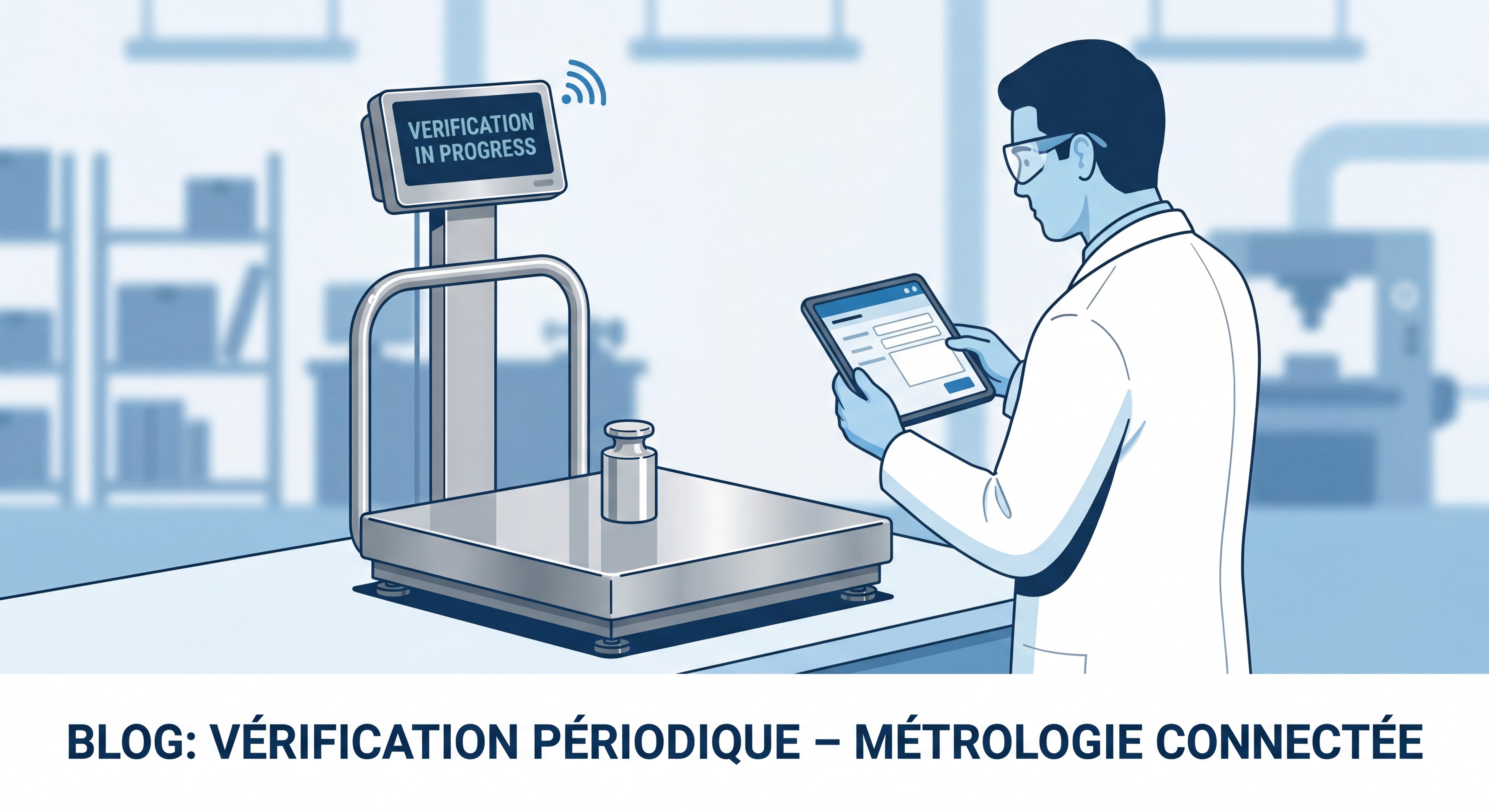 Technicien métrologique effectuant la vérification périodique d'une balance industrielle connectée, avec tablette numérique pour enregistrement des données de conformité