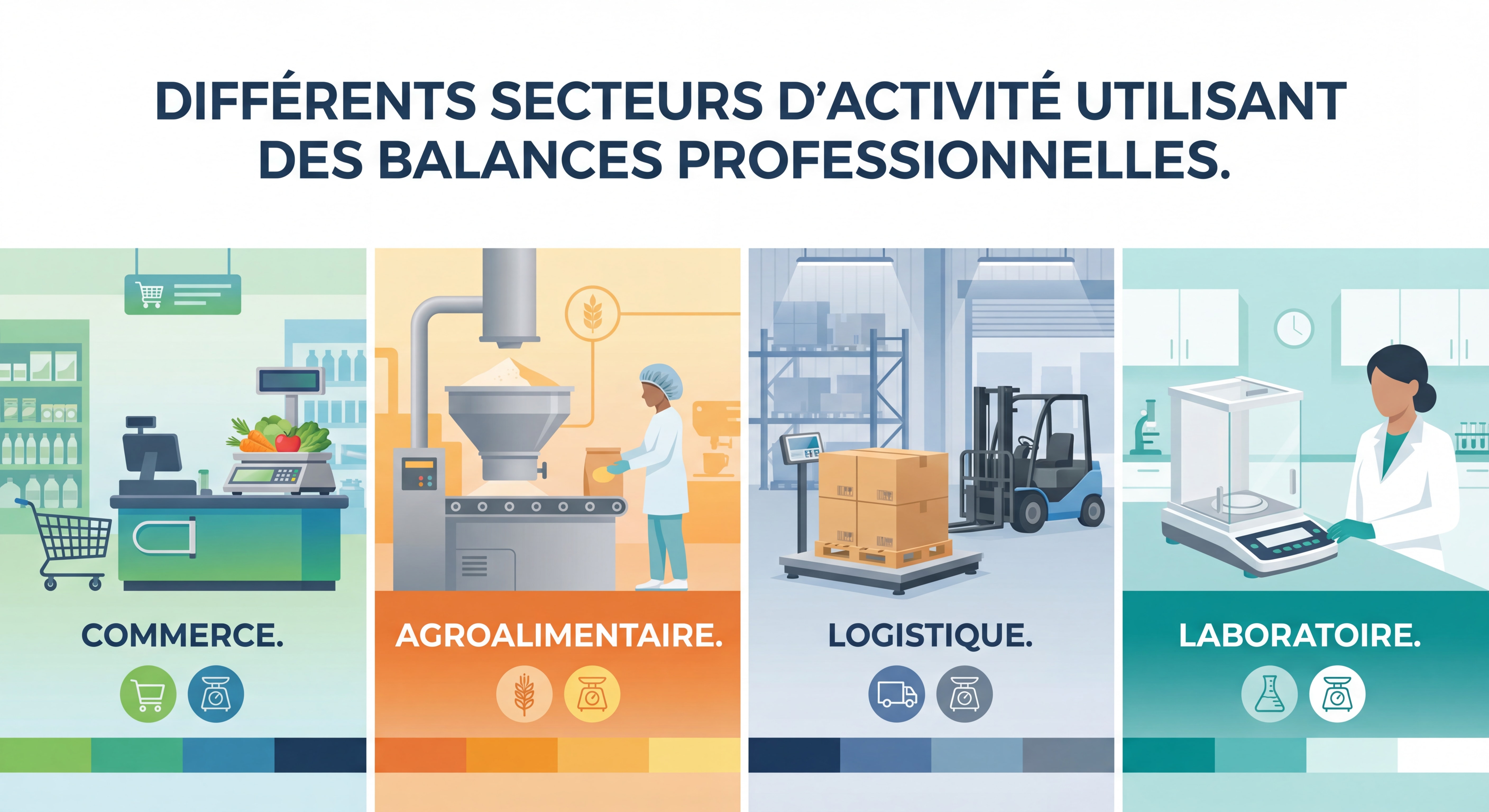 Différents secteurs d'activité utilisant des balances professionnelles - commerce, agroalimentaire, logistique, laboratoire