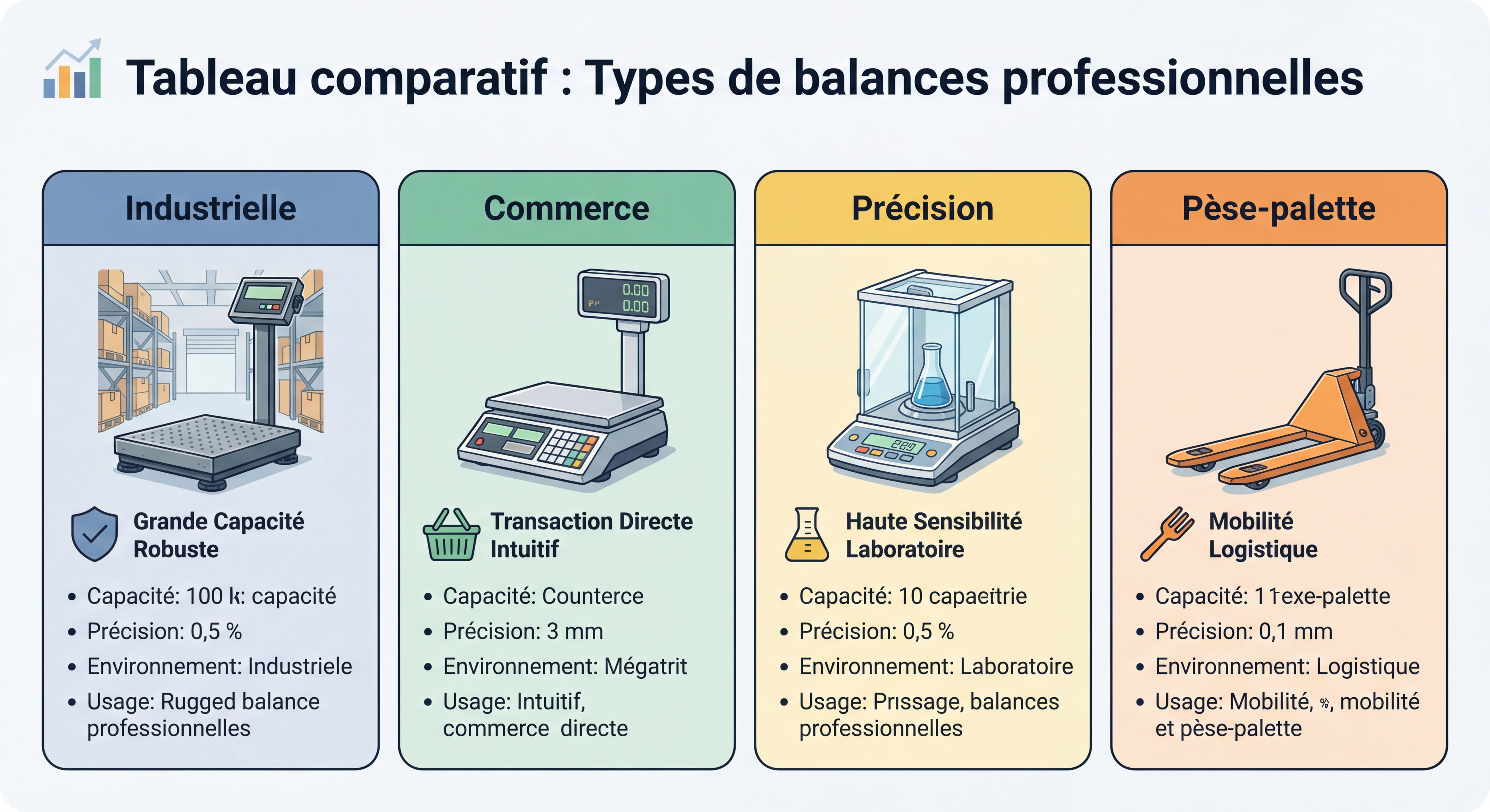 Tableau comparatif des différents types de balances professionnelles - industrielle, commerce, précision, pèse-palette