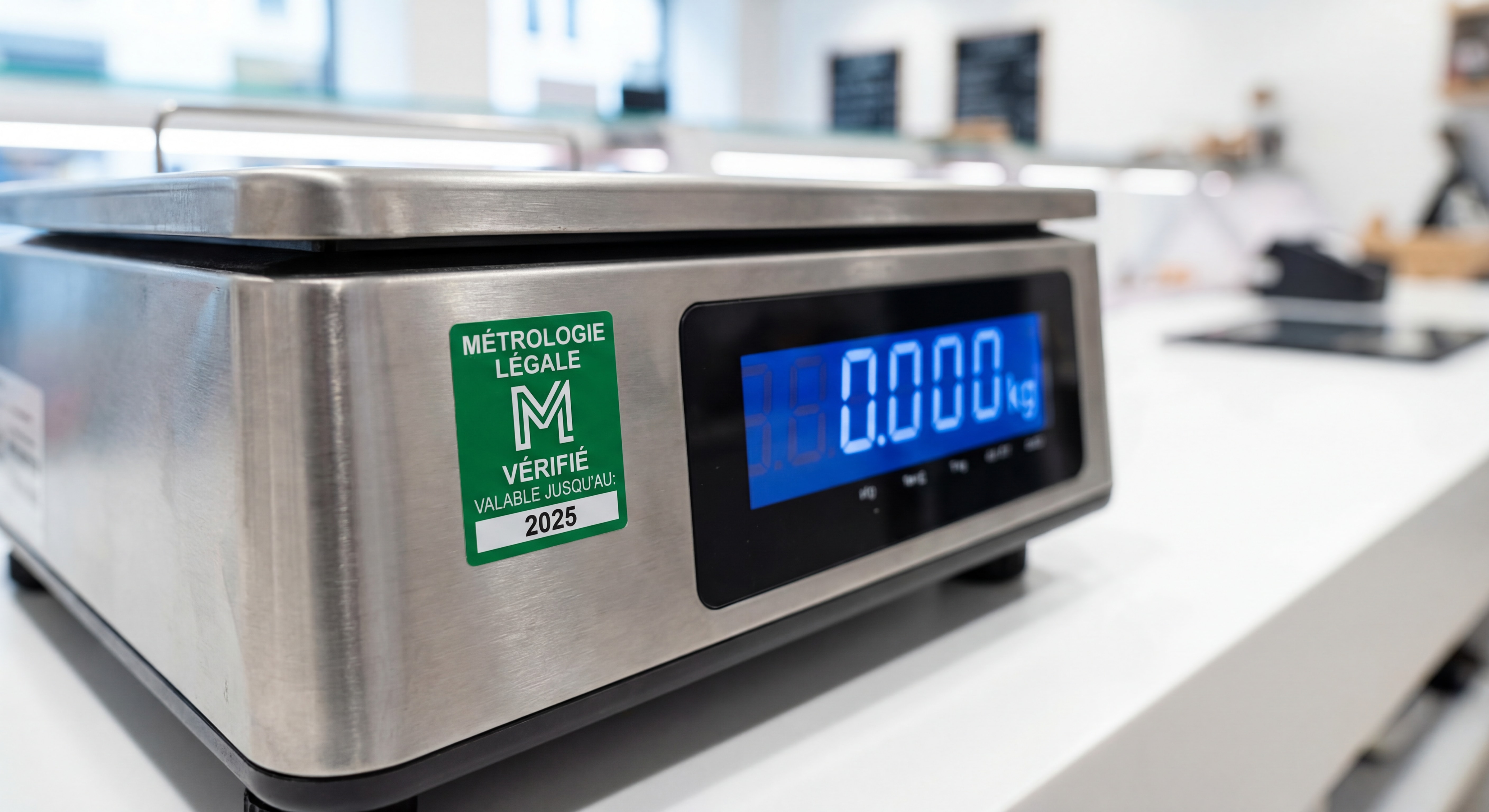 Gros plan sur une vignette verte de métrologie légale apposée sur une balance de commerce