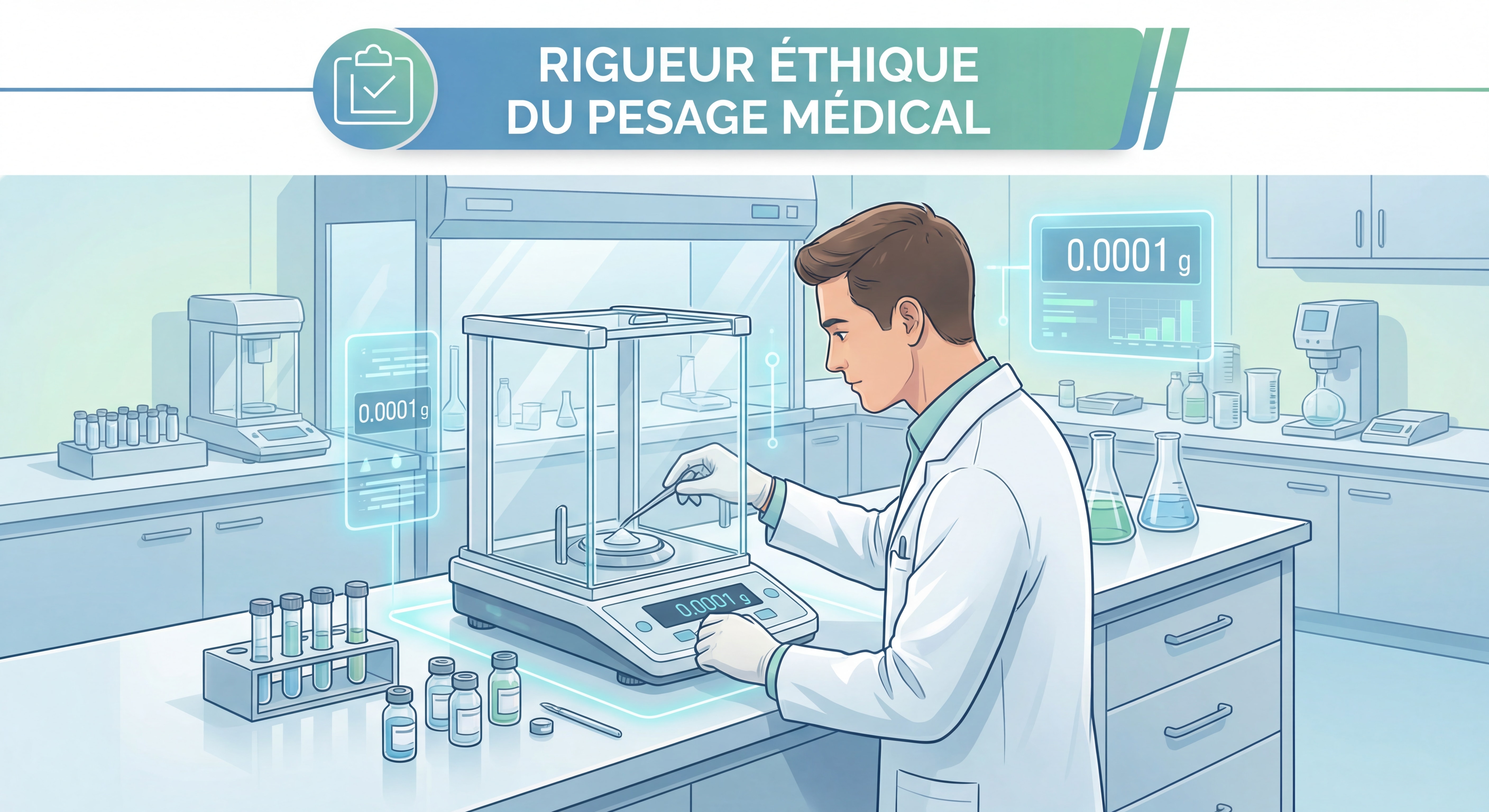 Balance de précision analytique en laboratoire pharmaceutique avec technicien en blouse blanche effectuant un dosage, illustrant la rigueur éthique du pesage médical