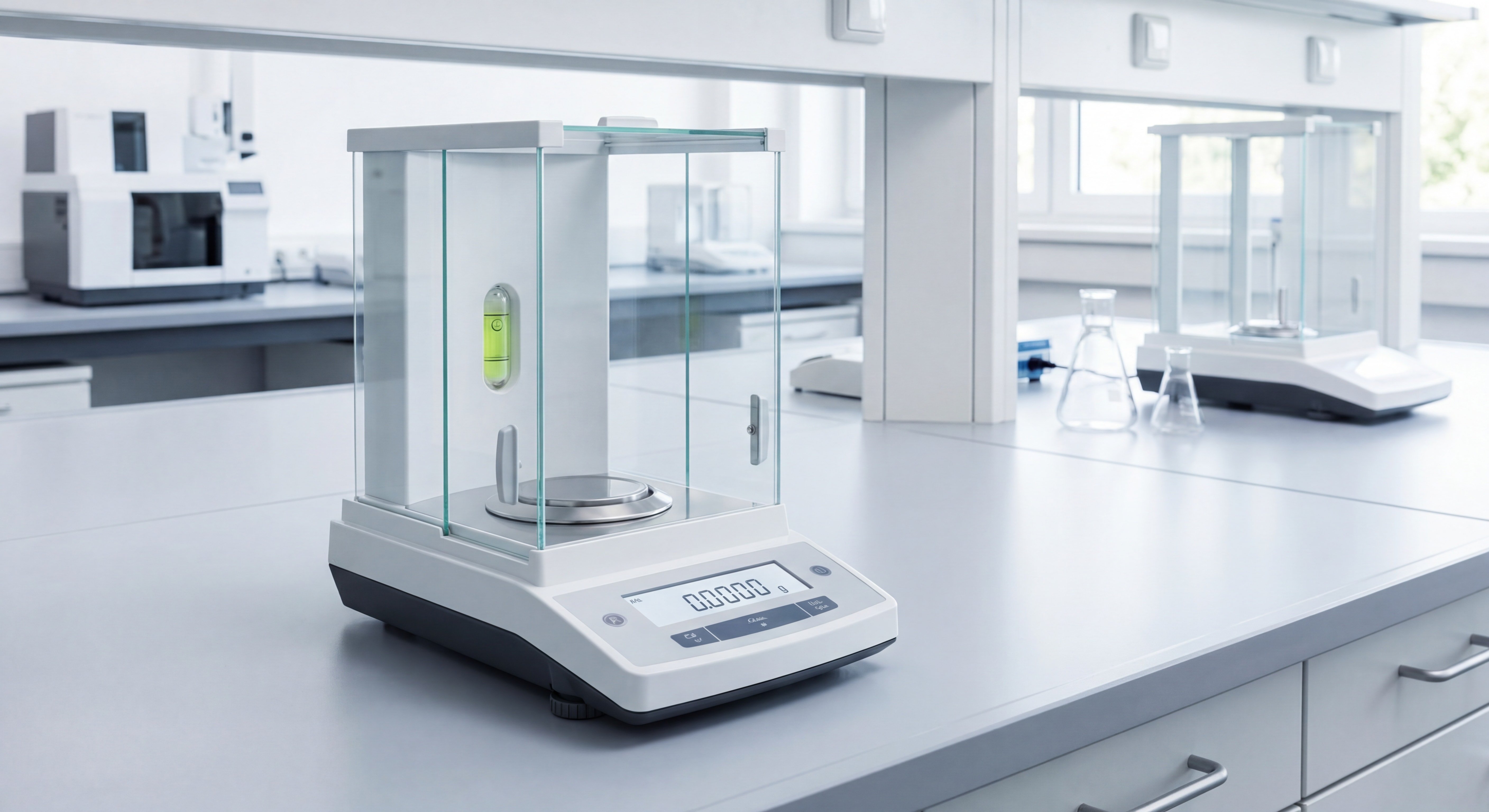 Balance de précision avec chambre de protection et indicateur de niveau à bulle sur paillasse de laboratoire