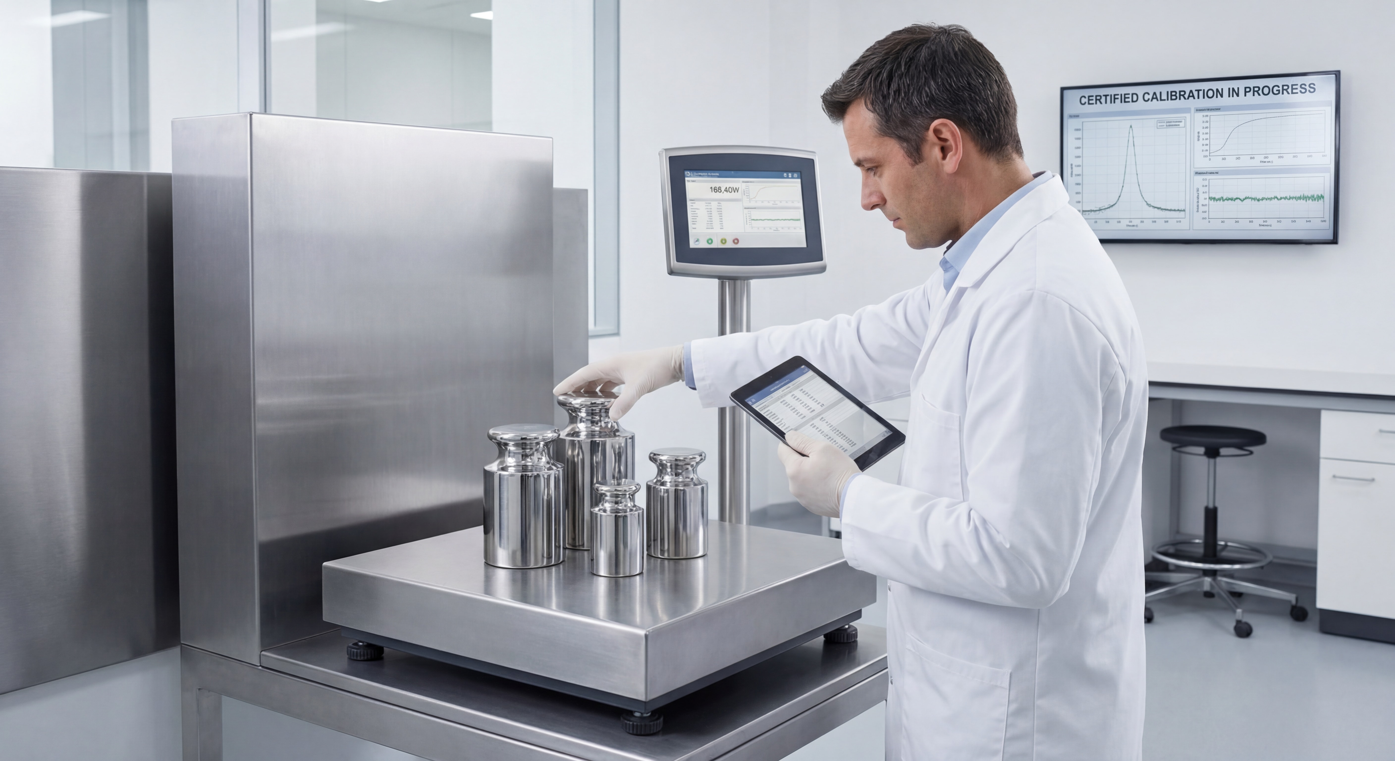 Technicien métrologie effectuant un contrôle et étalonnage d'une balance industrielle avec des masses étalons certifiées