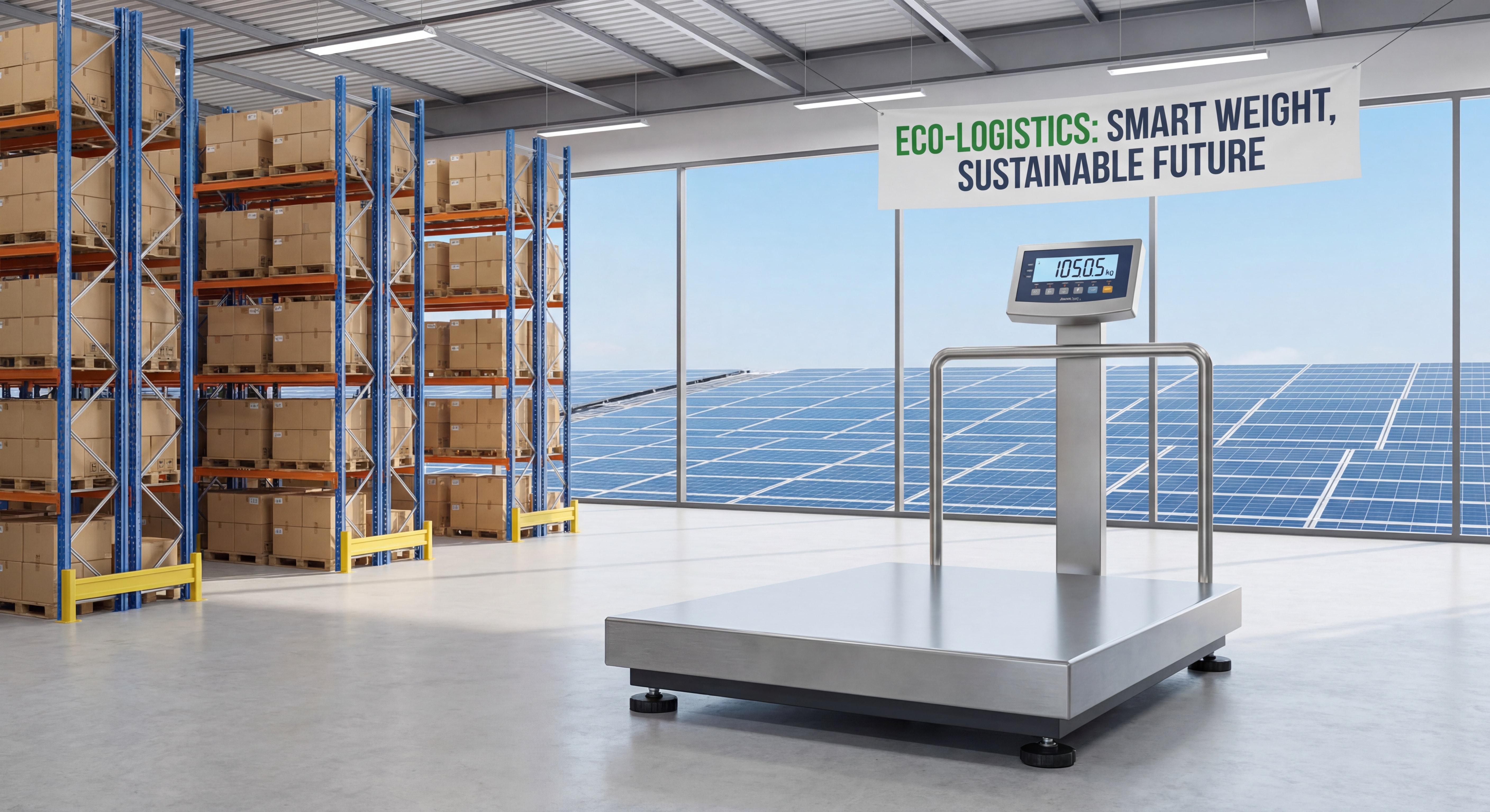 Balance industrielle de précision dans un entrepôt logistique moderne avec panneaux solaires visibles en arrière-plan, alliant industrie et responsabilité environnementale