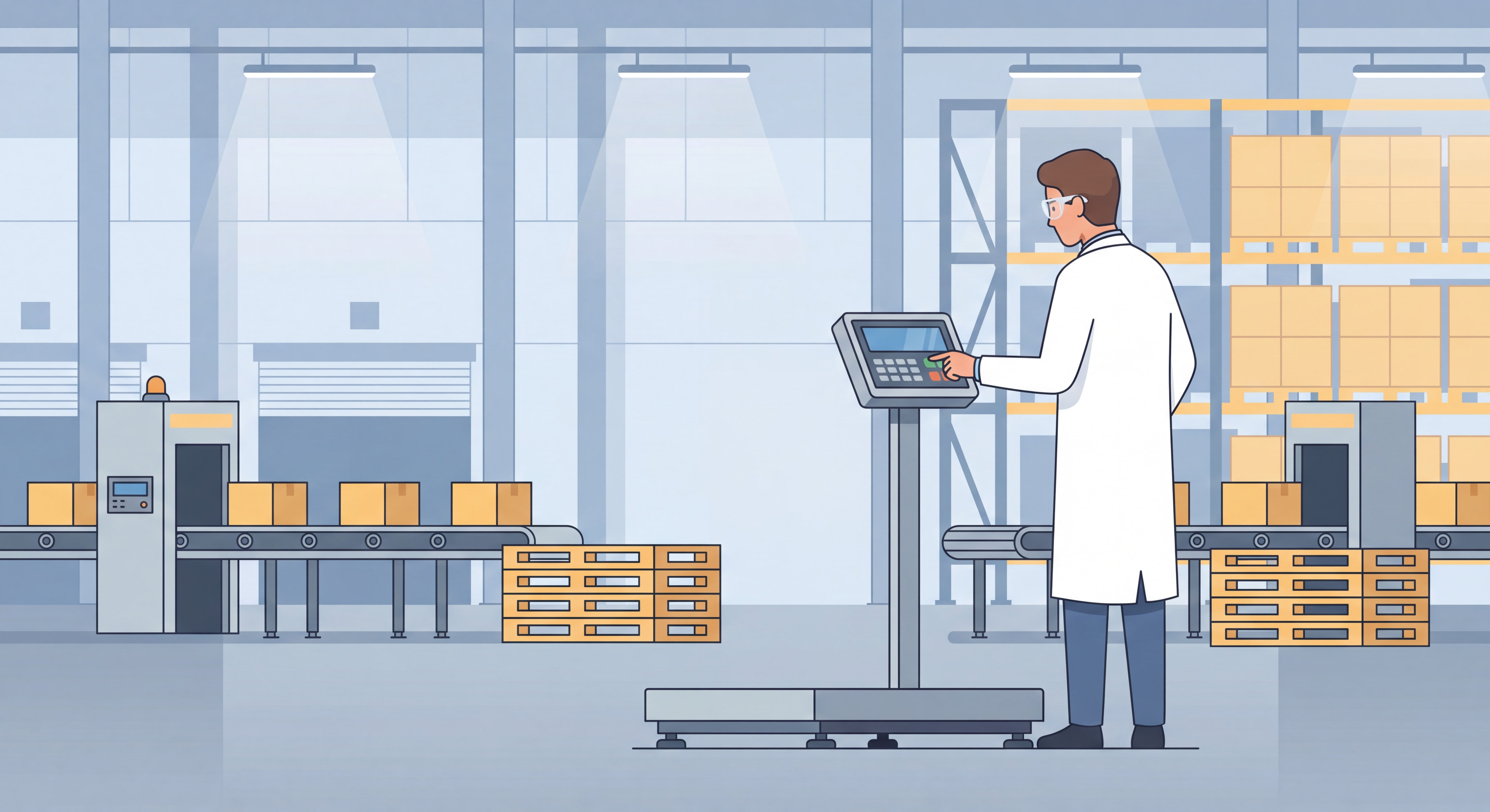 Professionnel en blouse utilisant une balance industrielle dans un entrepôt logistique moderne