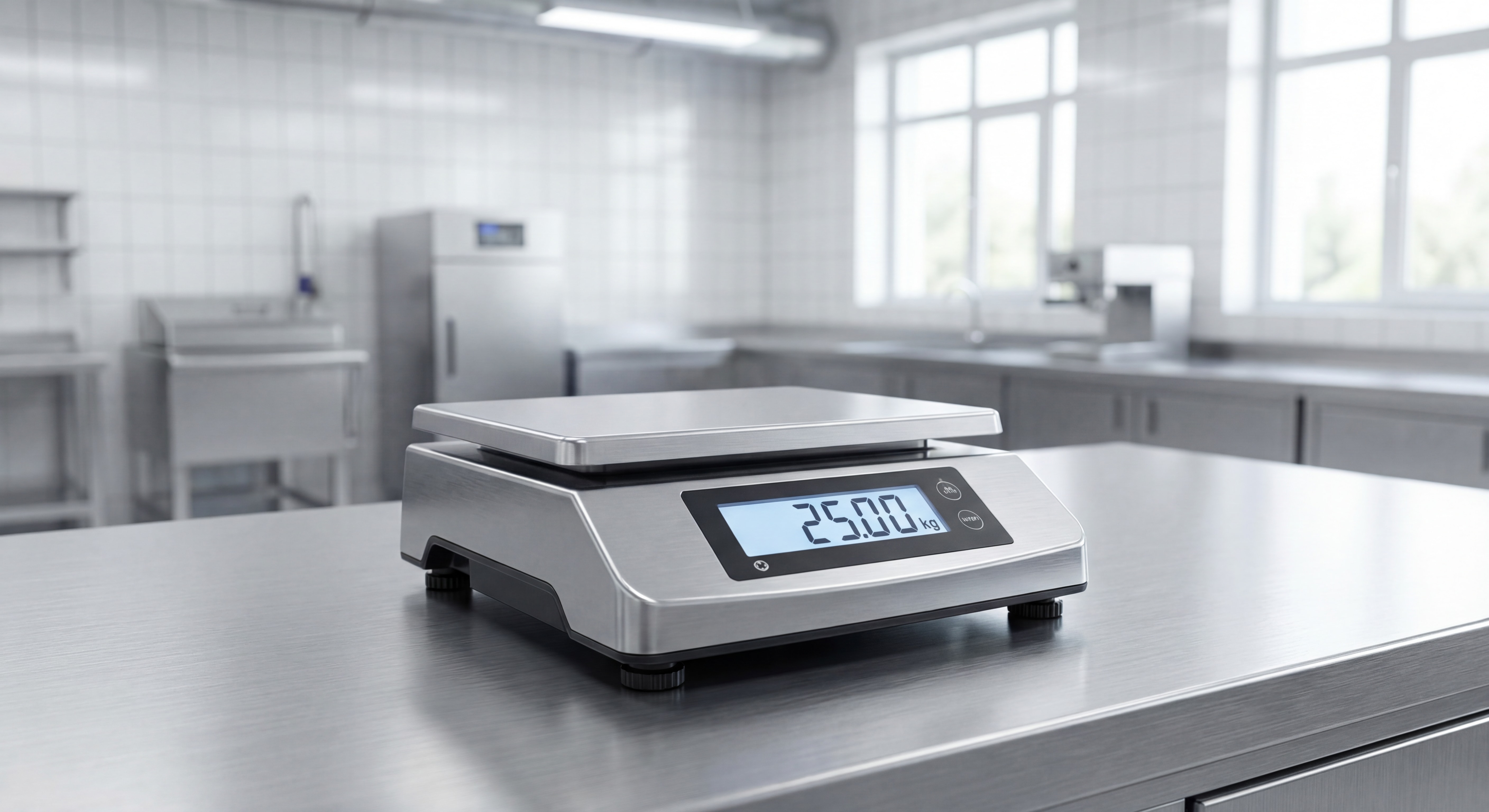 Balance étanche inox IP68 sur un plan de travail en inox dans un atelier agroalimentaire propre et lumineux