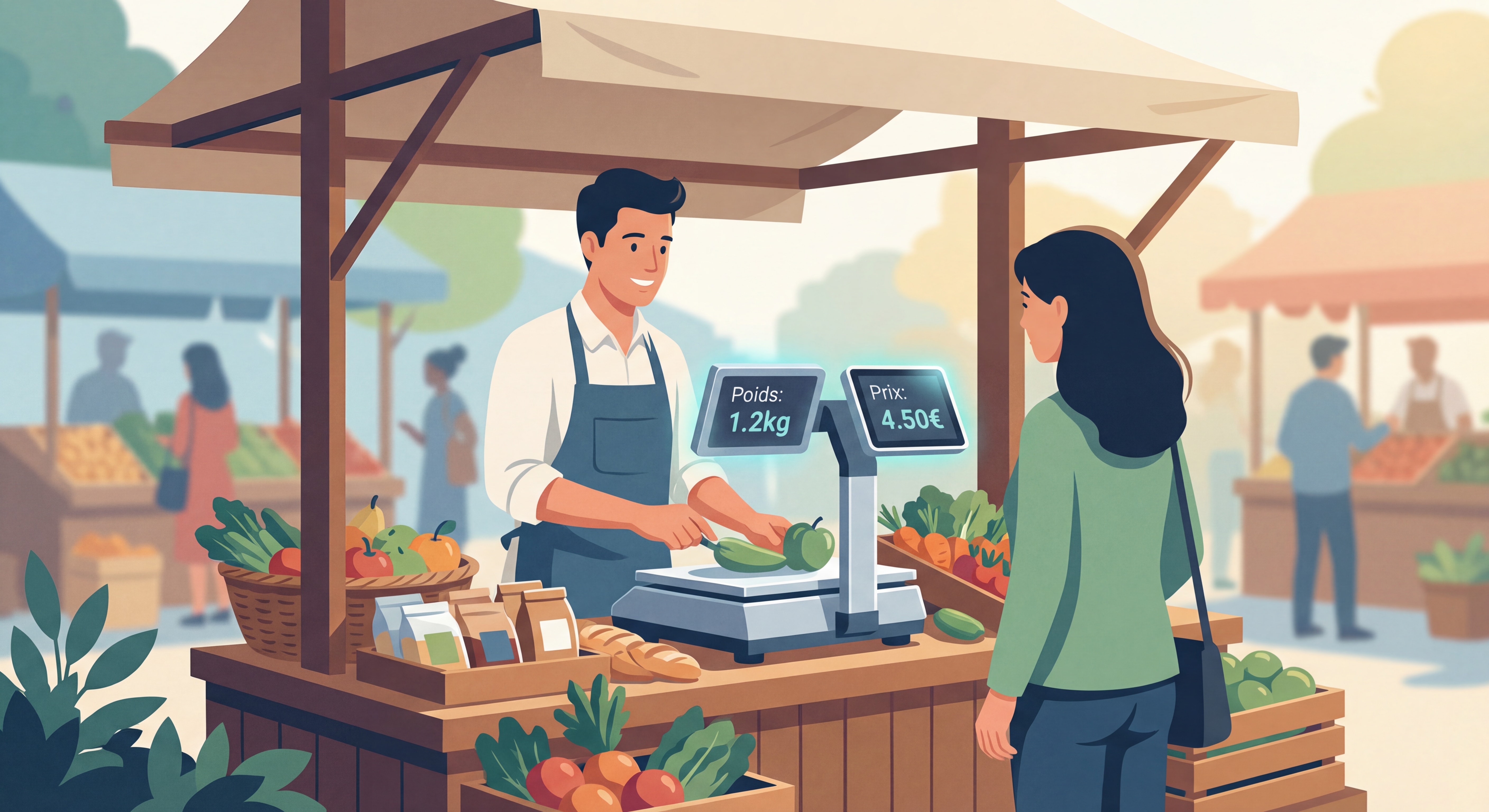 Commerçant sur un marché en plein air utilisant une balance poids-prix homologuée avec double affichage vendeur-client